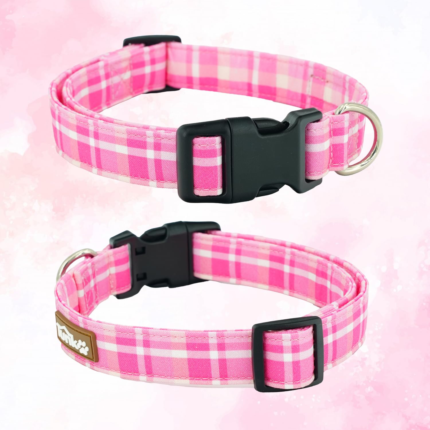 Tunkoo Pink Plaid Dog Collar, Cute Adjustable Premium Cotton Collar Durable Plastic Buckle For Small Medium Large Boys Girls Dog