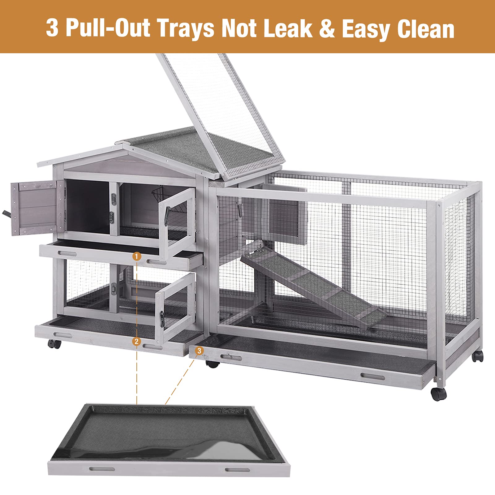 Bunny Cage Indoor And Outdoor Rabbit Hutch With Casters Waterproof Roof, Pull Out Tray From Back And Front 61.2' L X 22.6' W X 33.5' H