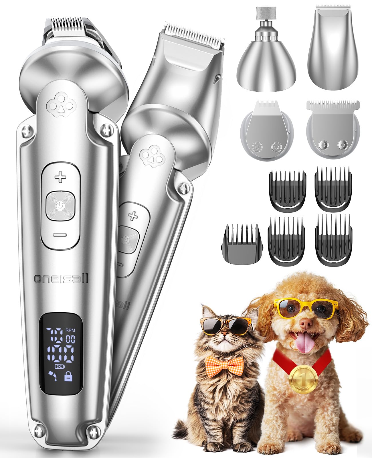 Oneisall Dog Clippers And Paw Trimmer With Low Noise, 4 - In - 1 Cordless Dog Grooming Kit With 3 - Level Speed Clippers (7000 R