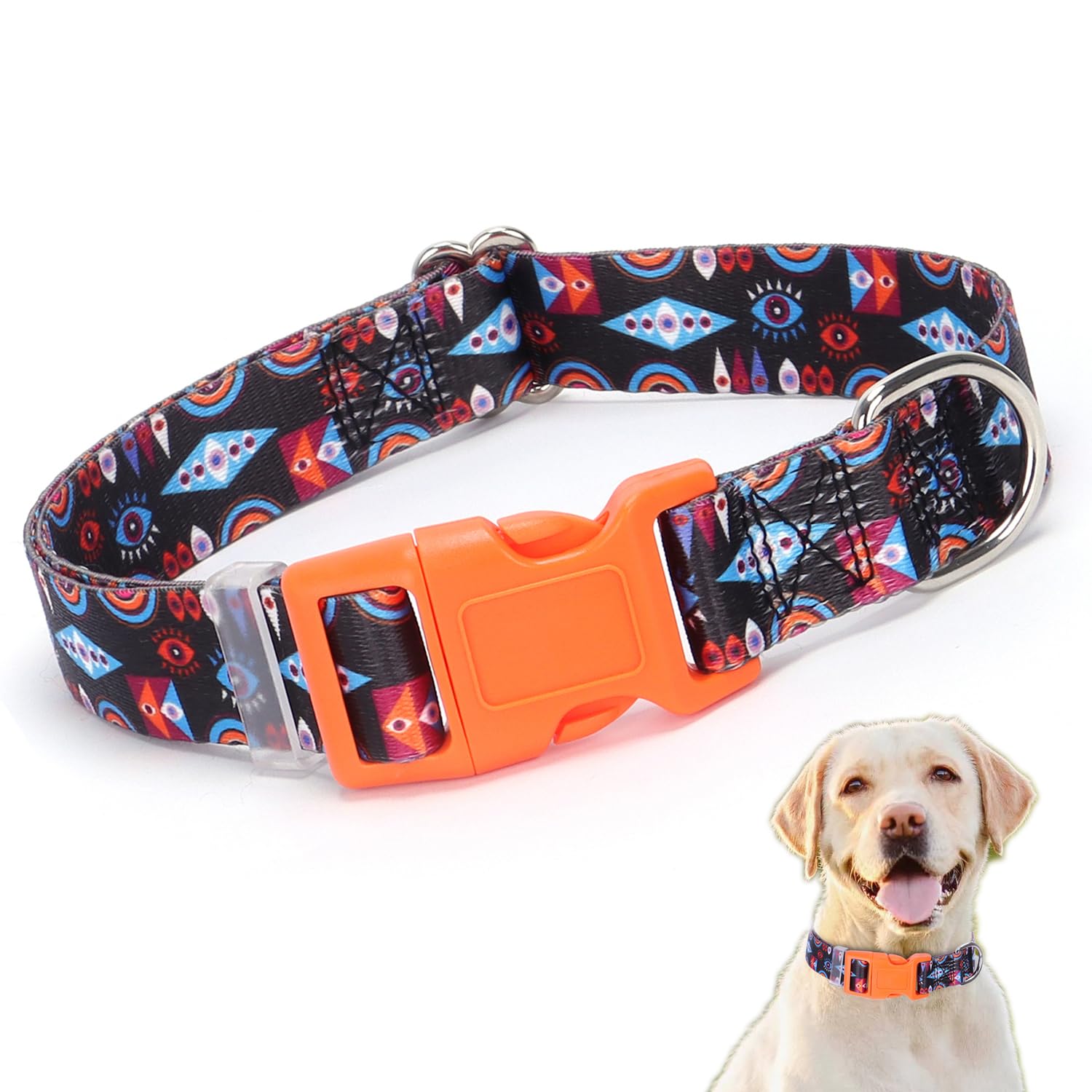 XS Dog Collar Boy, Cool Tribal Evil Eye Print Pattern Design Soft Nylon Webbing Quick Release Buckle Male Puppy Collars Adjustab