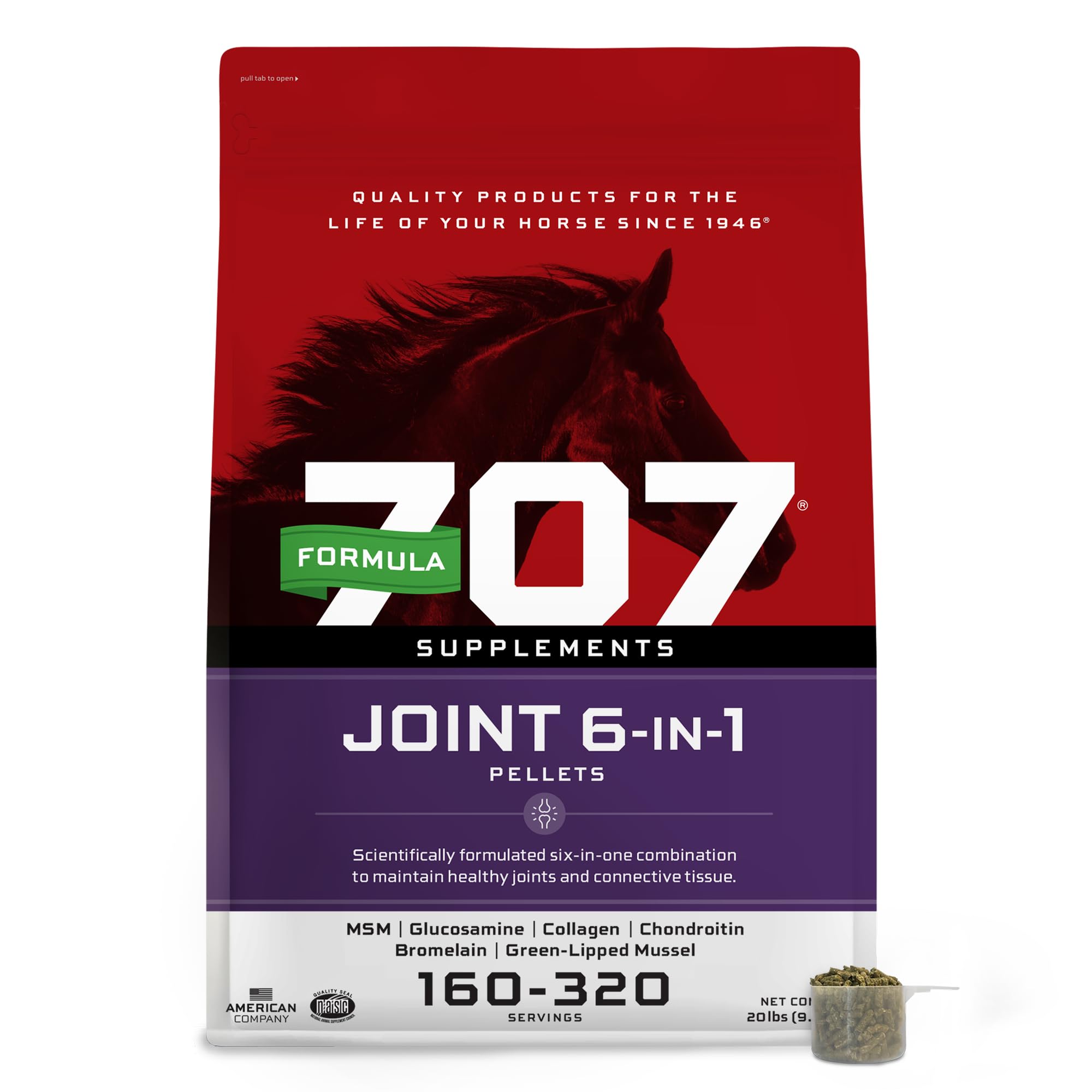 Formula 707 Joint 6in1 Equine Supplement 20 lb Bag - Support for Joint Integrity and Inflammatory Response in Horses - Green-Lip