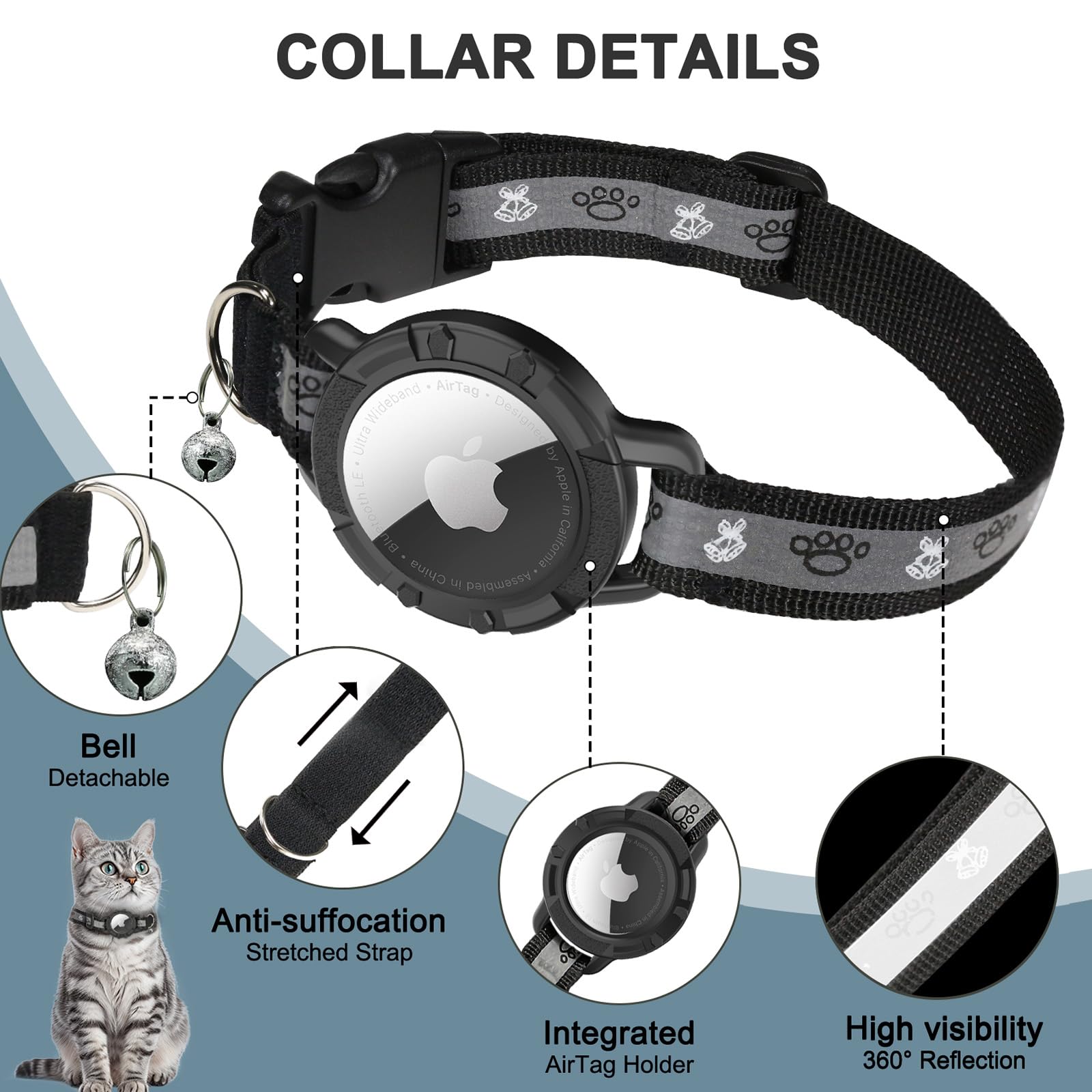 Reflective Airtag Cat Collar, Integrated Cat Tracker Collar With Air Tag Holder And Bell, Safety Elastic Band Cat Gps Collars For Girl Boy Cats, Kittens And Puppies (Black, S)