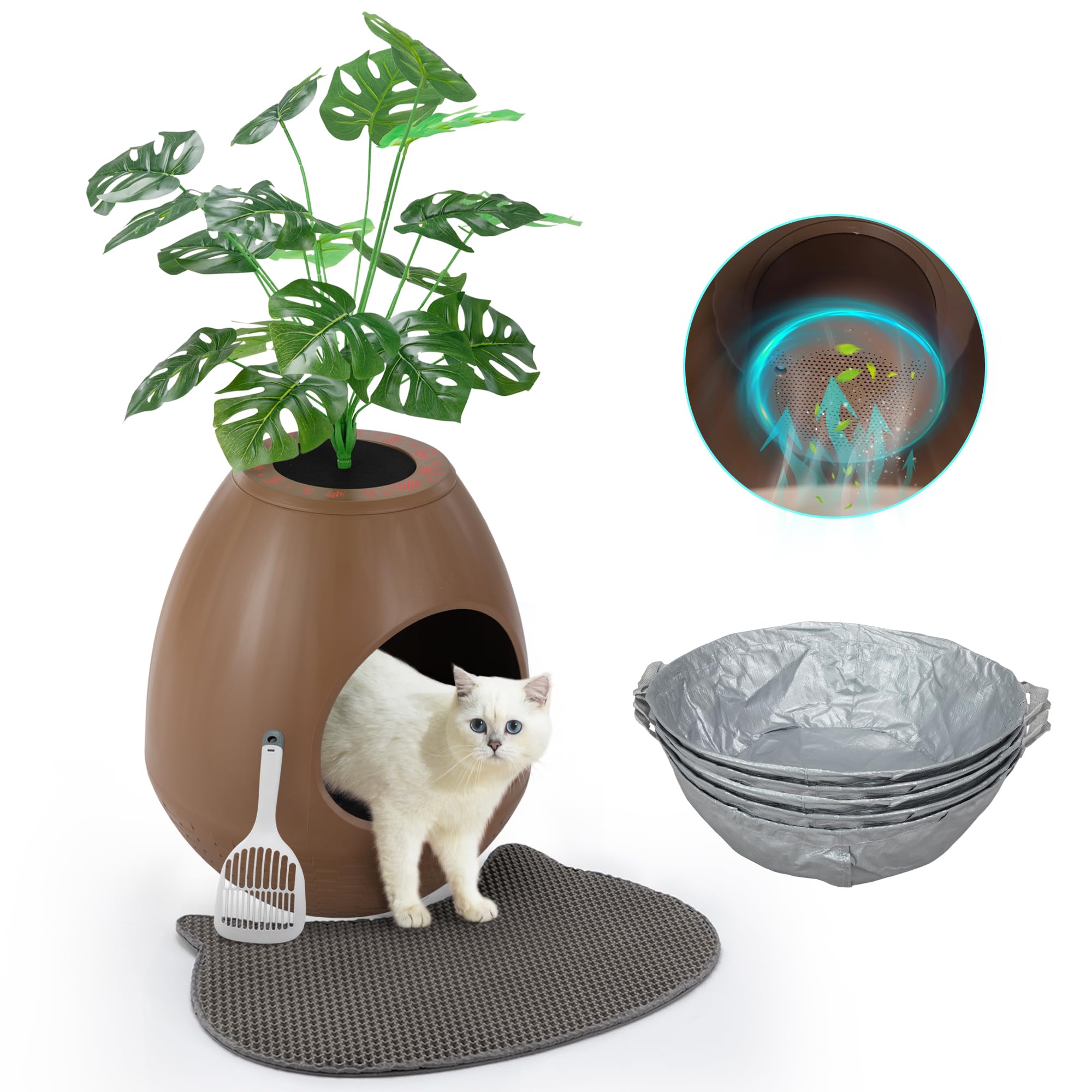 Eggloa6 Hidden Litter Box Plant Cat Litter Box With 5Pcs Litter Box Liners, Cat Litter Mat, Smart Odor Removal System, Artificia