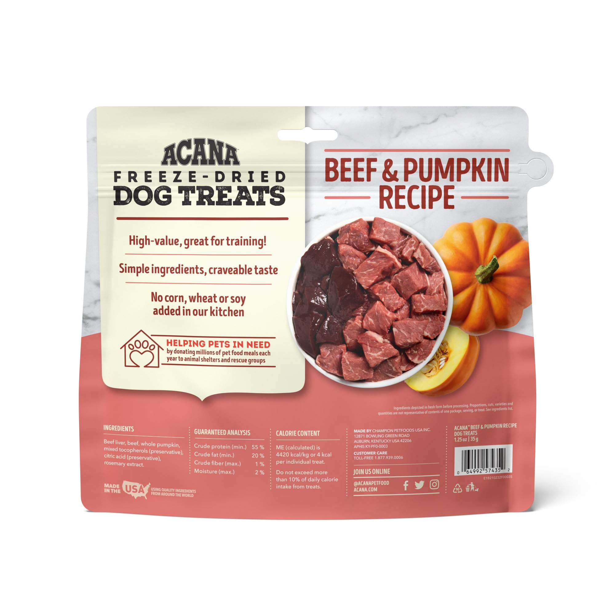 ACANA Singles Freeze Dried Dog Treats, Limited Ingredient Grain Free Beef & Pumpkin Recipe, 1.25oz