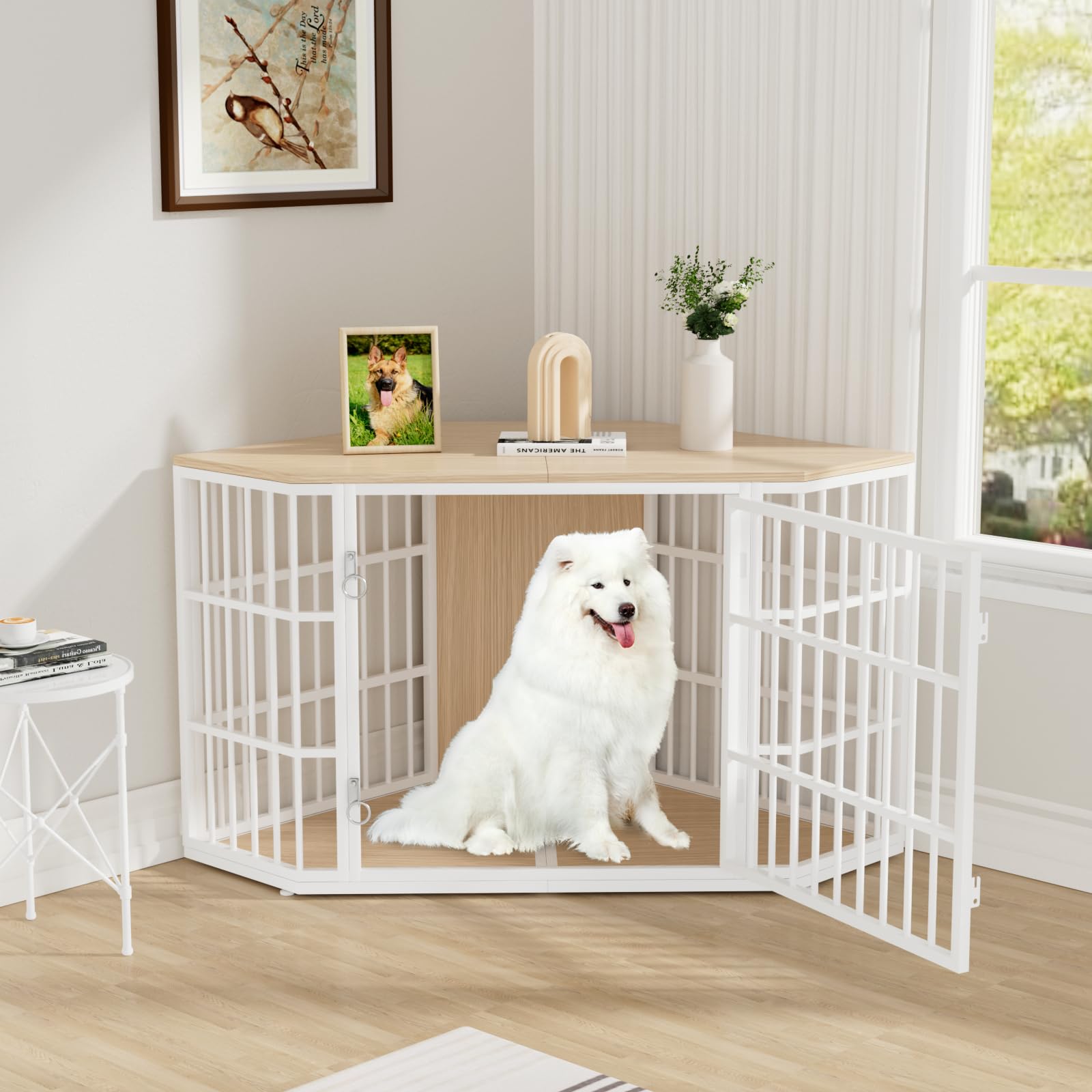 VOWNER 52 Inch Dog Crate Furniture Corner, Wooden Dog Kennel Furniture, End Table Dog Crate for Large Dogs, Indoor Pet Crates Co