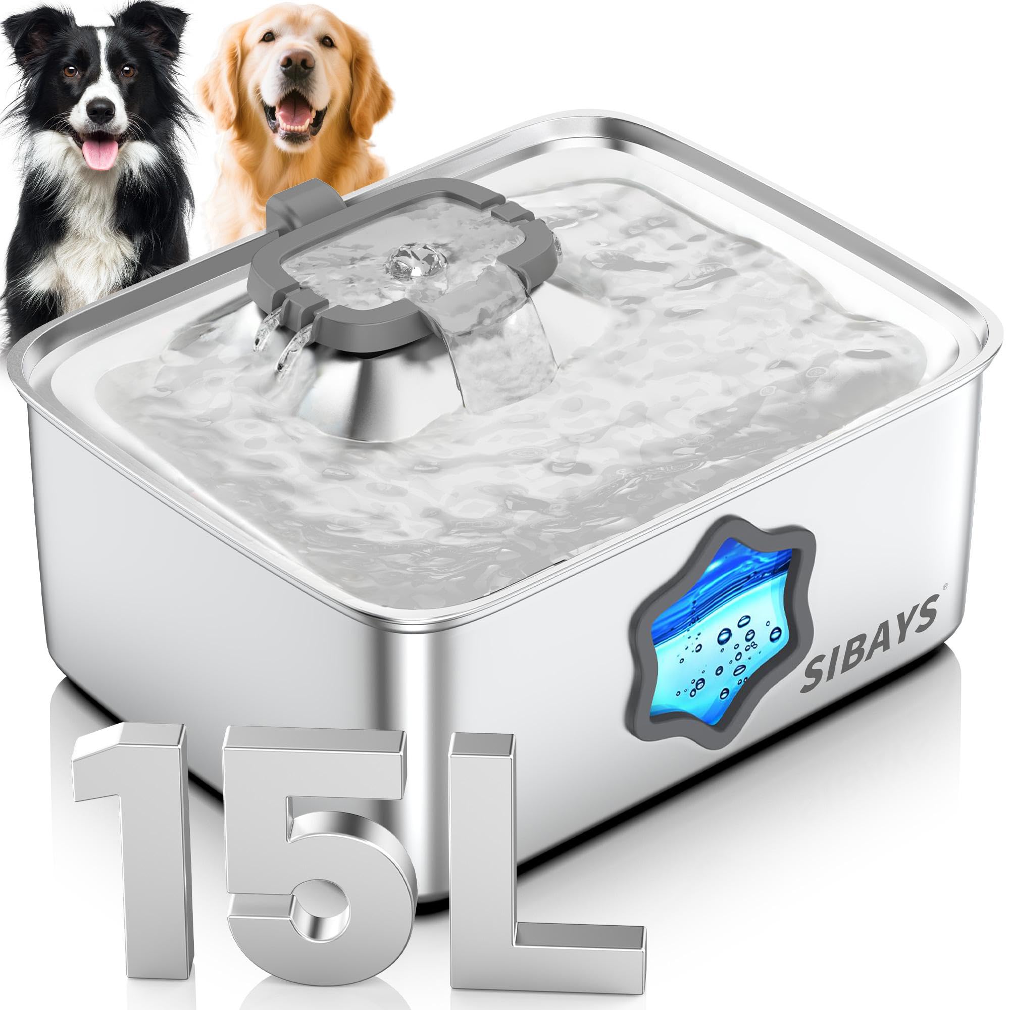 SIBAYS 4Gal/15L Dog Water Fountain, Stainless Steel Pet Water Fountain with Water Level Window & LED Light, Quiet Automatic Dog 