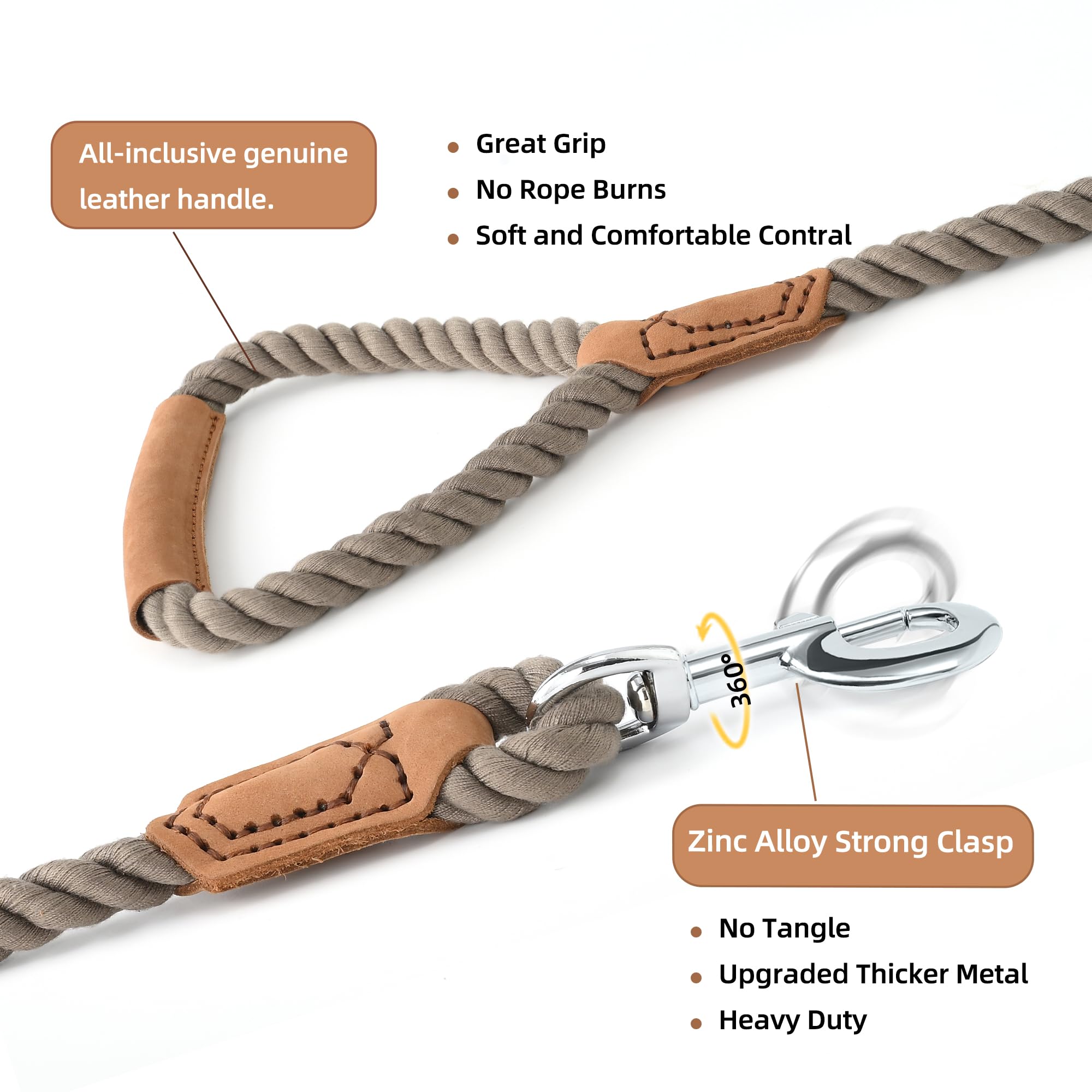 Mile High Life Dog Leash, Braided Cotton Rope Leashes With Leather Handle - Heavy Duty Metal Clasp, 4Ft, 1/2'' Thick - Wedding,