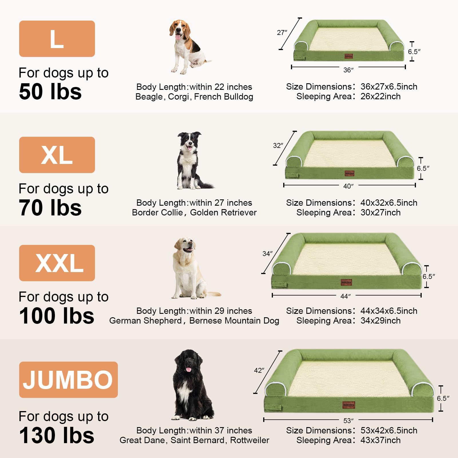 Large Dog Bed Orthopedic Washable: Jumbo Dog Bed Bolster Extra Large Dogs Egg Crate Foam Sofa Couch Waterproof Removable Cover - Grass Green