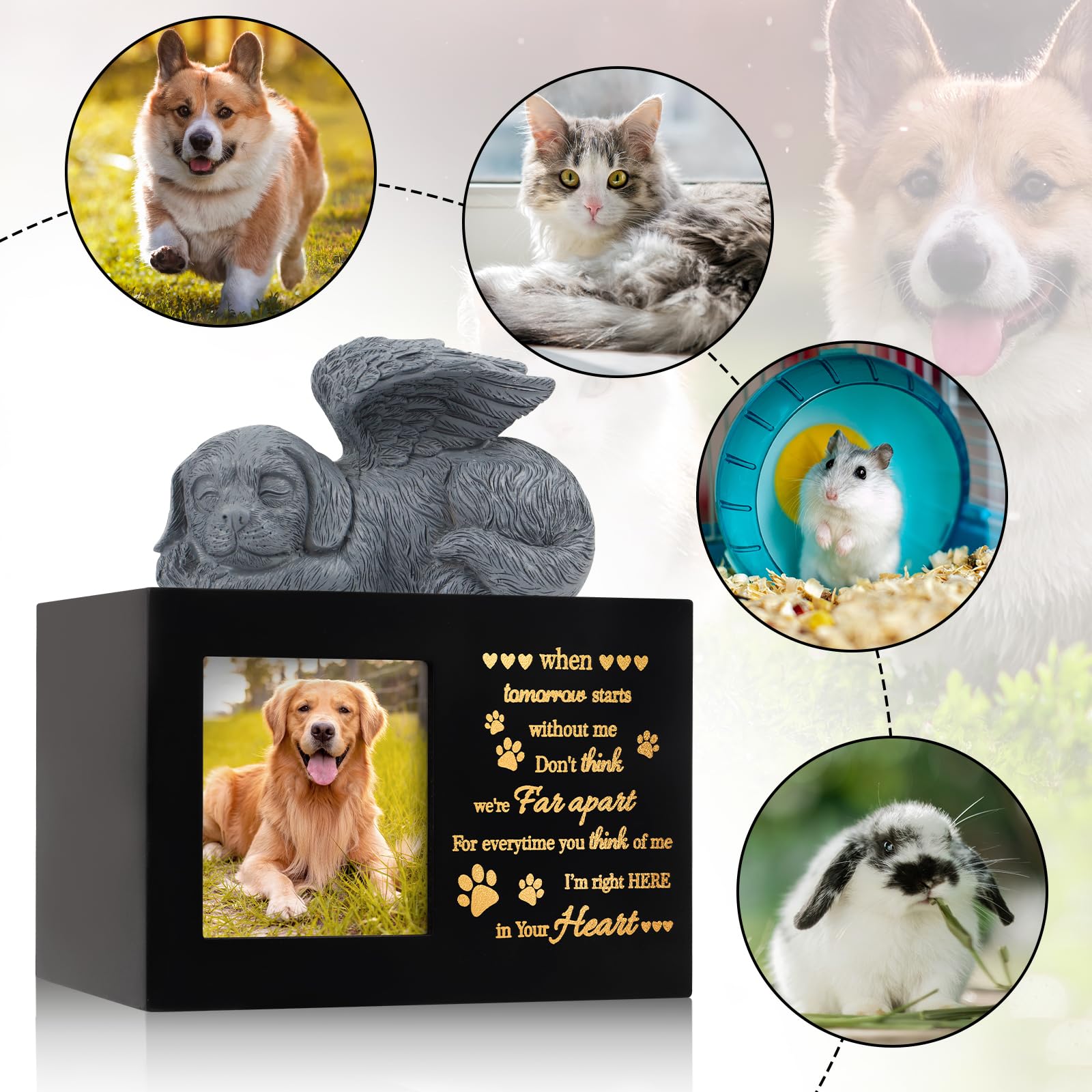 Lpreutwn Pet Urns For Ashes, Large Wooden Pet Urns For Dog Or Cat Ashes With Dog Angel, Memorial Keepsake Memory Box With Photo