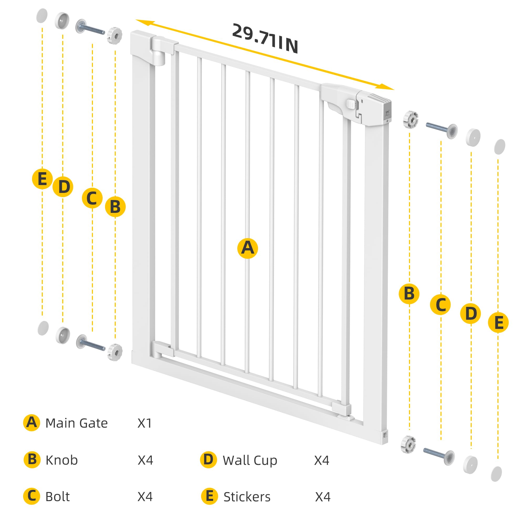 Edmyre Easy Step Walk-Thru Baby Gate, Adjustable 29.7-32W x 30.5H inches, Metal, White, CPC Certified, Model ED-GATE-ES