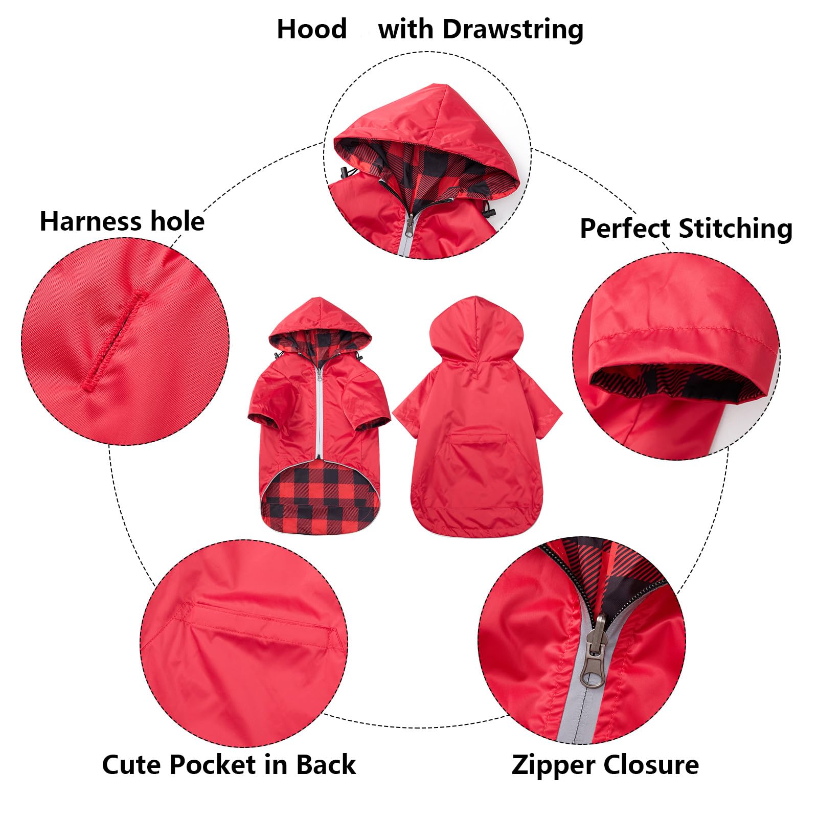 Dog Raincoat Dogs Waterproof Reversible Rain Jacket Dog Small Medium Breeds Reflective Zipper Storage Pocket Harness Hole - Red
