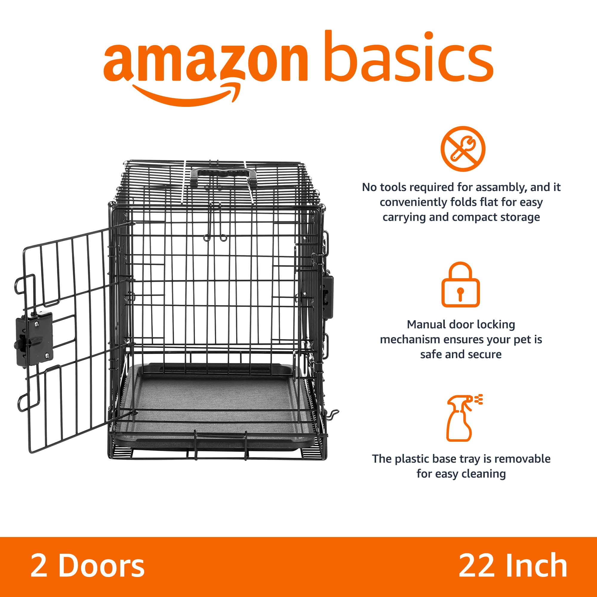Amazon Basics Durable,Foldable Metal Wire Dog Crate With Tray, Double Door, Divider, 22 X 13 X 16 In, Black