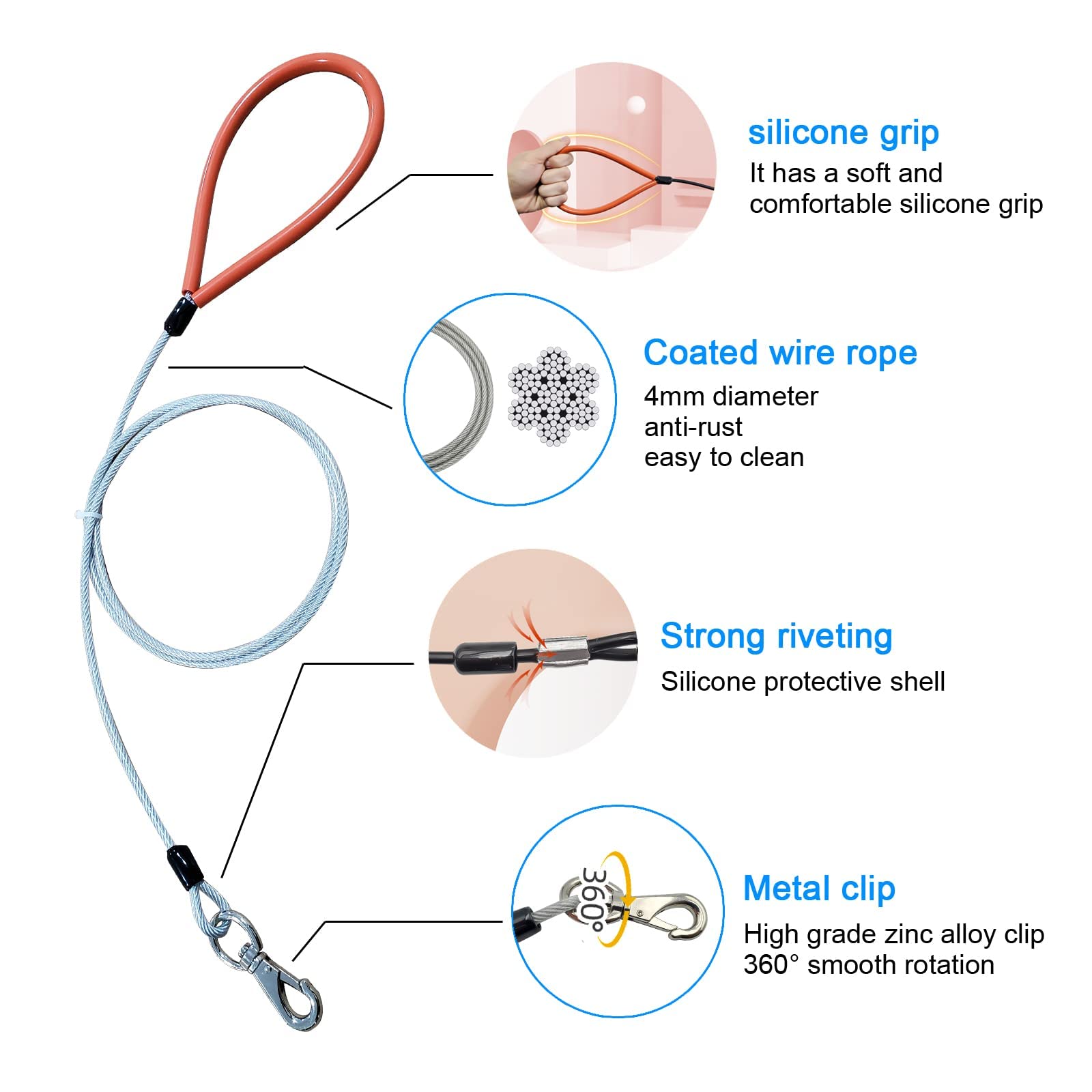 Mi Metty Dog Leash For Dogs Up To 250 Pound,Heavy Duty Leash Made Of Coated Wire Rope For Large And Medium Dogs,Dog Tie Out Cable With Soft Silicone Grip.Dog Chains【10 Feet Long- Transparent】