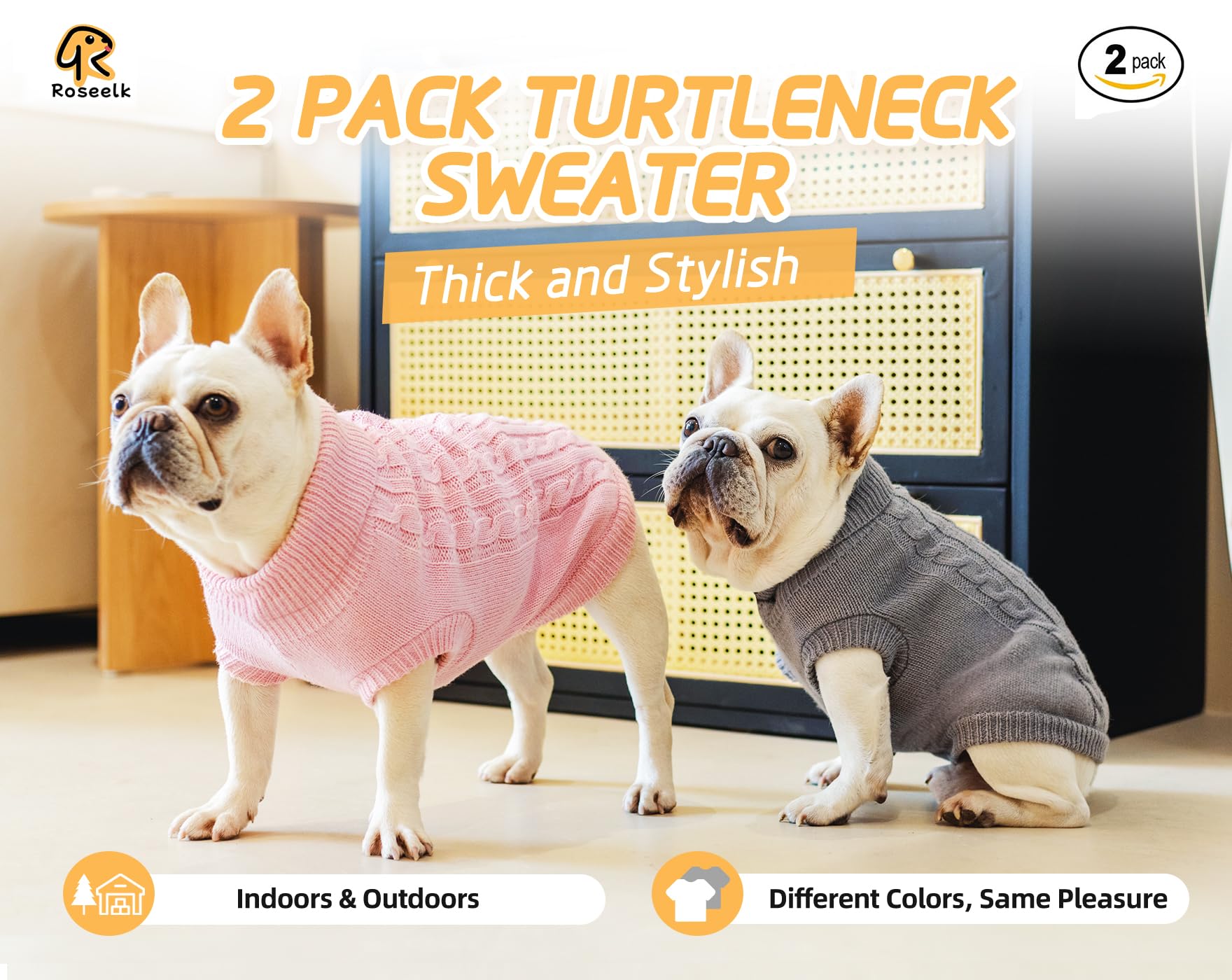 Roseelk 2 Pack Dog Sweaters For Small Dogs - Puppy Medium/Large Size Warm Clothes Winter, Turtleneck Pullover Design For Male Gi