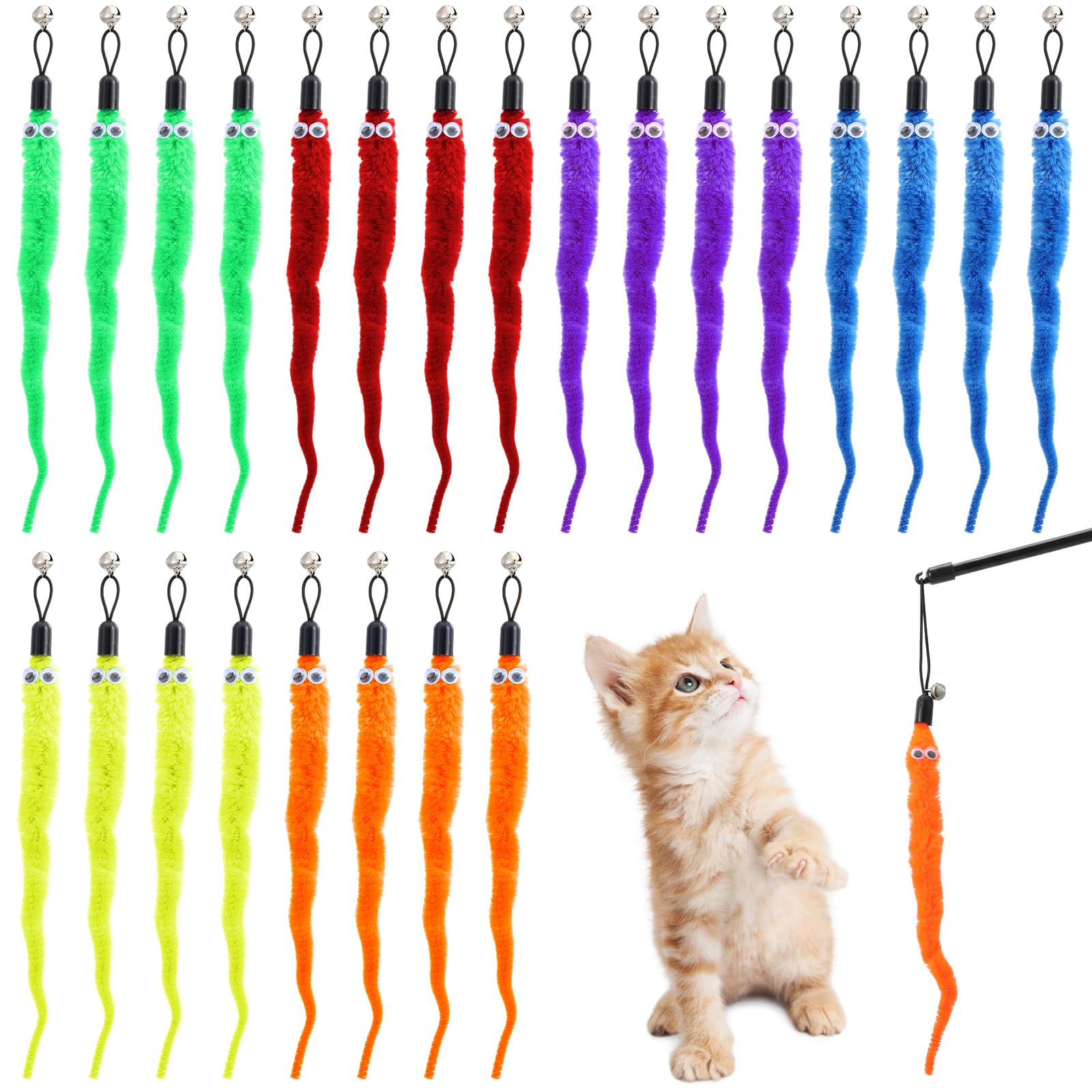 Grevosea 24 Pcs Cat Worm Toy Refills, Interactive Teaser Attachments With Bell For Indoor Cat Soft Plush Worms In 6 Colors Assor