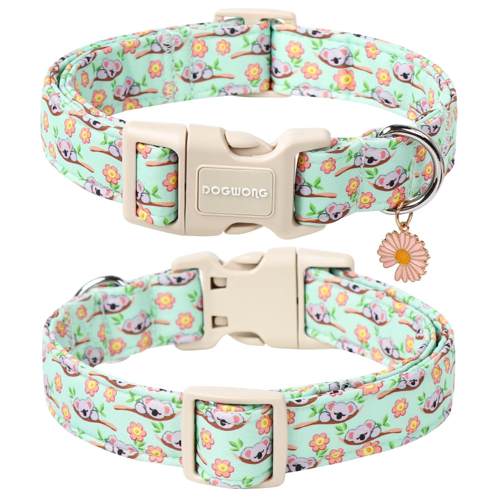 Dogwong Summer Koala Dog Collar, Green Pink Flower Dog Collars, Adjustable Cute Pet Collars Boy Girl Design Dog Collar For Small