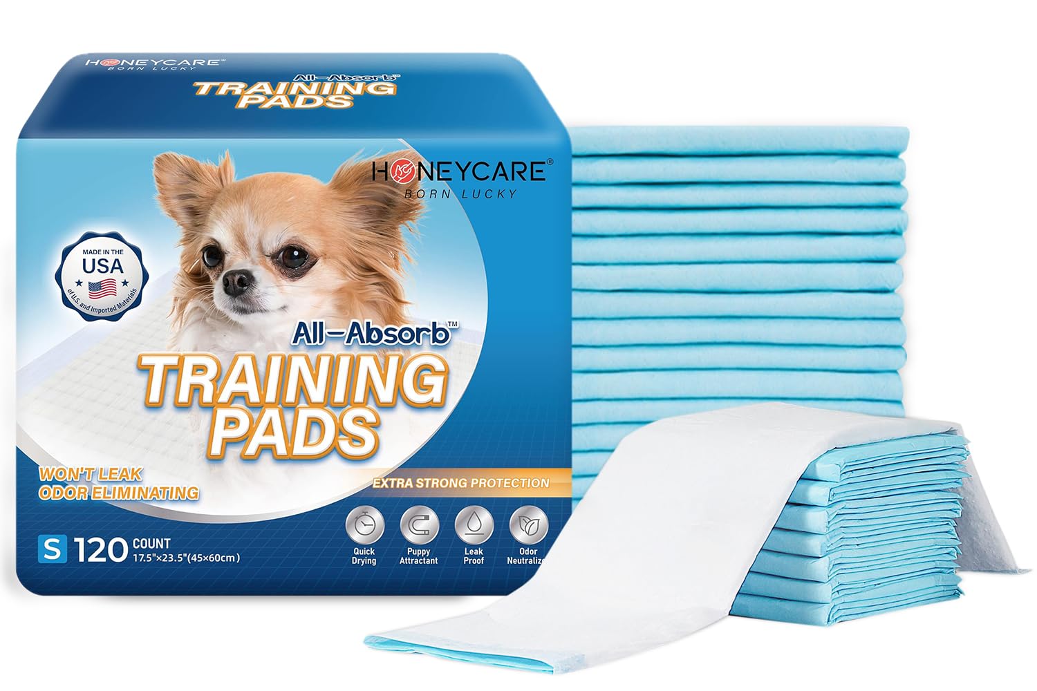 Honey Care All-Absorb, Small 17.5' X 23.5', 120 Count, Dog And Puppy Training Pads, Ultra Absorbent And Odor Eliminating, Leak-Proof 5-Layer Potty Training Pads With Quick-Dry Surface, Blue, A05