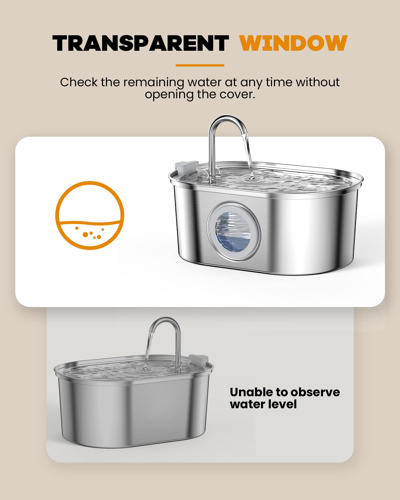 Cat Water Fountain Stainless Steel: 108Oz/3.2L Pet Water Fountain - Water Fountain For Cats Inside With Water Level Window - Faucet Cat Fountain - Quiet Pump - For Dogs And Cats - Soofpet