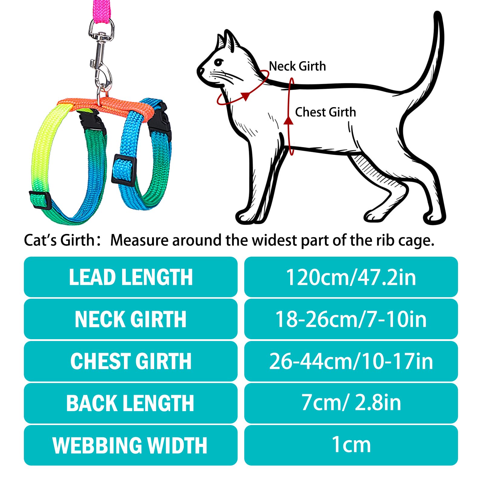 PUPTECK Adjustable Cat Harness and Leash Set Escape Proof Kitten Strap Collar for Walking Travel, Multicolor