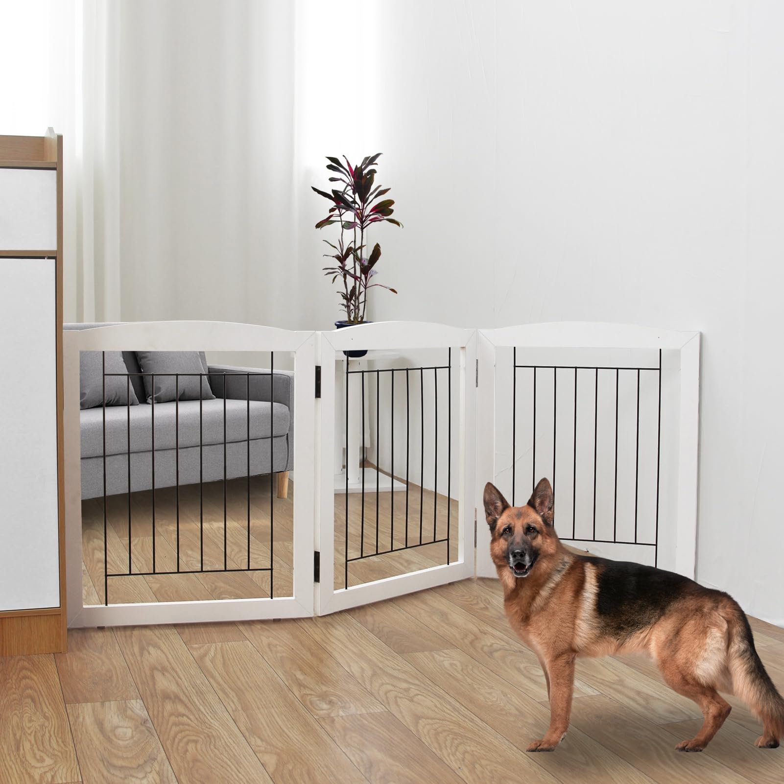 Zjsf Freestanding Foldable Dog Gate For House Extra Wide Wooden White Indoor Puppy Gate Stairs Dog Gates Doorways