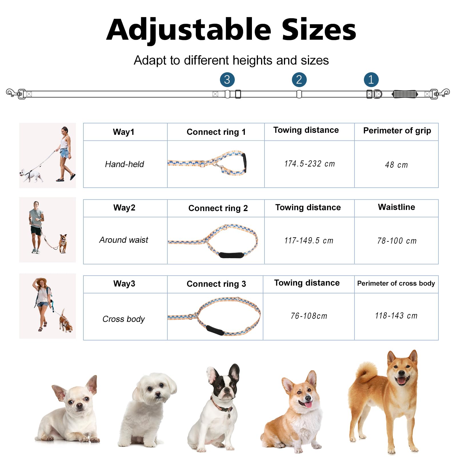 Tivray Hands Free Dog Leash, 8.5ft Versatile Crossbody Waist With 3 Rings for Puppy, Small & Medium Dogs, Easy Adjust for Runnin