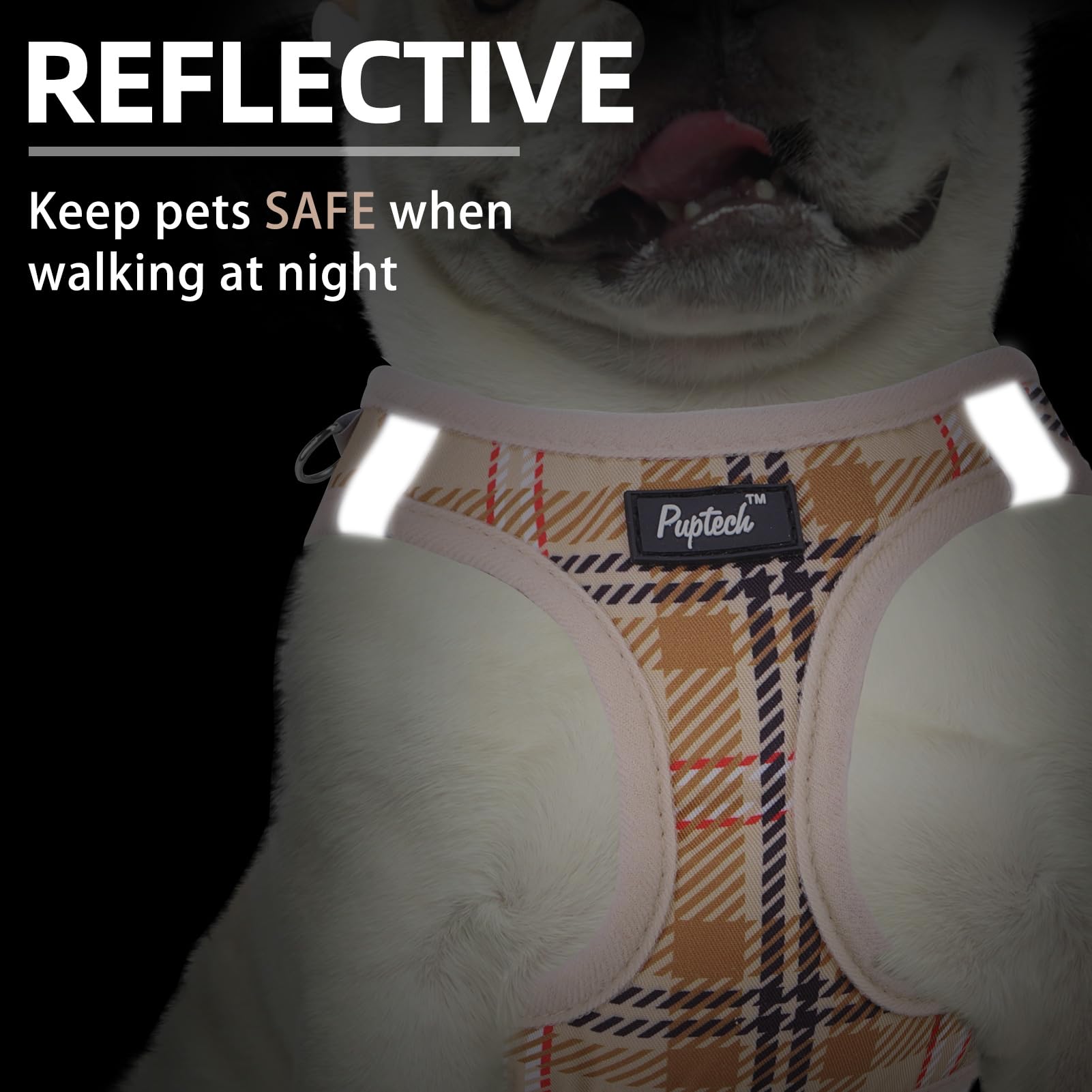 Pupteck Dog Harness And Leash Set For Small Medium Dogs No Pull Step-In Soft Mesh Puppy Cat Vest Harnesses Reflective At Night, Plaid Pattern Beige S