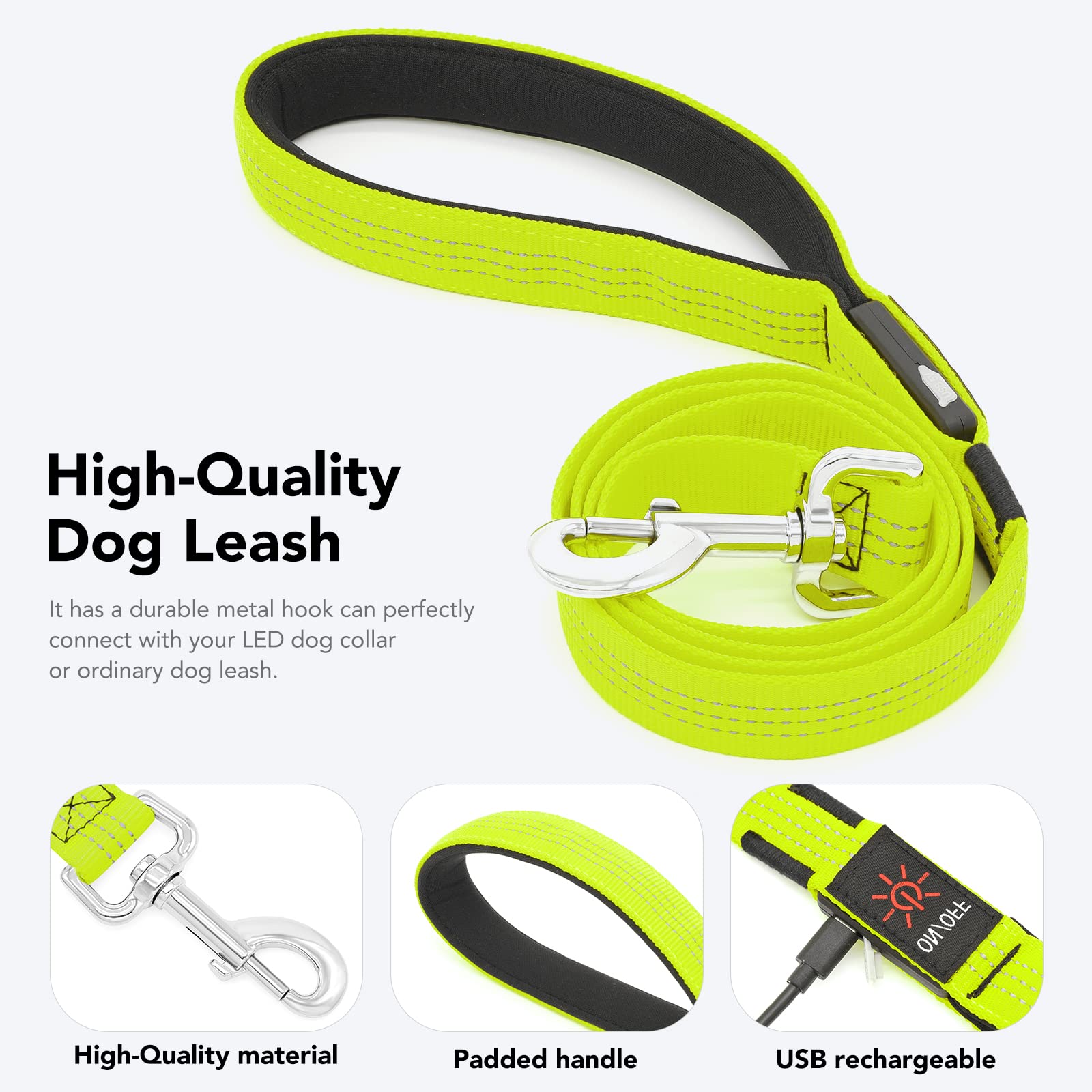 Colaseeme Light Up Dog Leash, 4FT LED Pet Leashes Micro USB Rechargeable, Nylon Glow Safety Dogs Lights at Night (Green & Reflec
