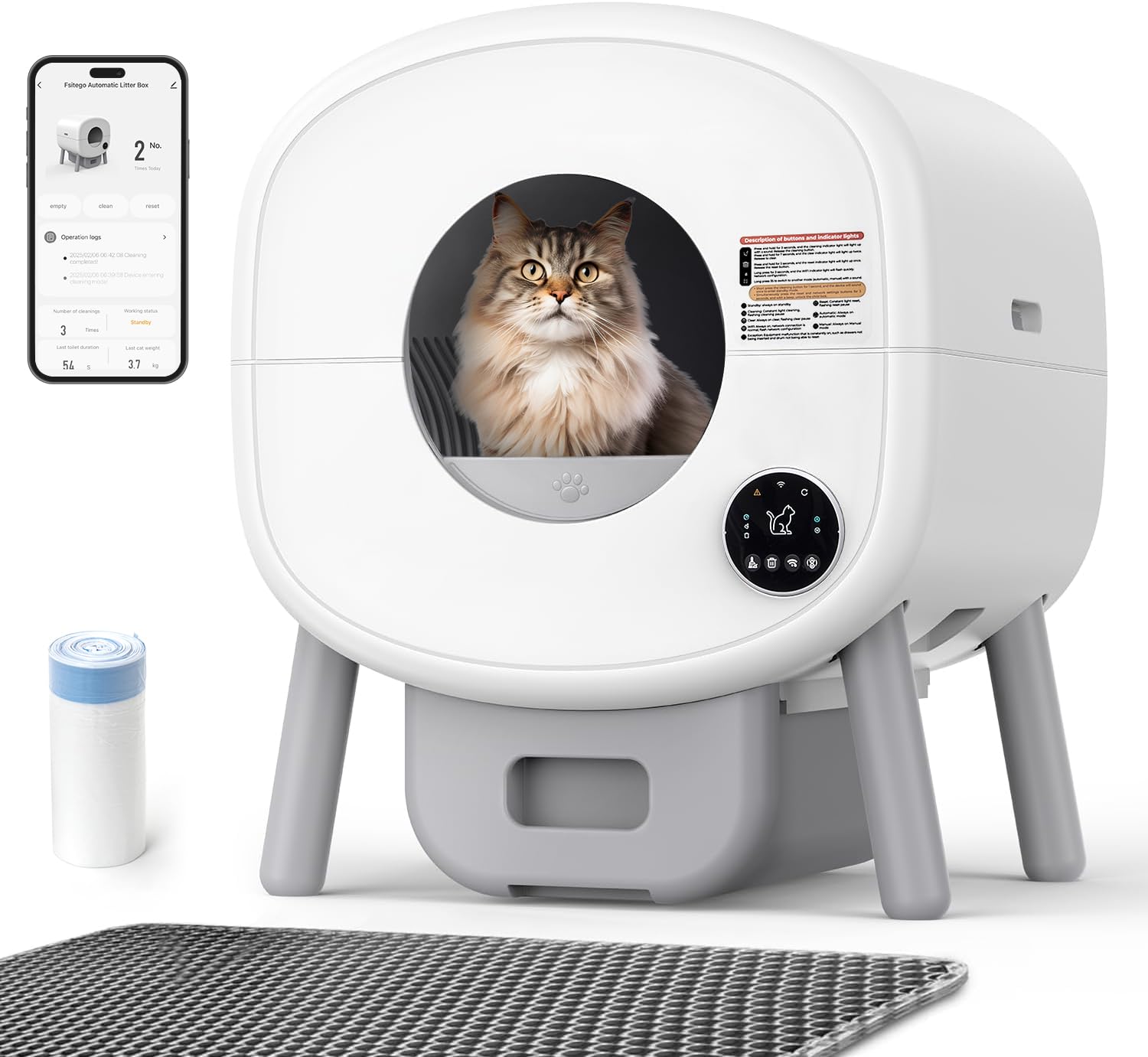 Fsitego Self Cleaning Cat Litter Box: 95L Extra Large Automatic Litter Box for Multiple Cats, Odor-Free, Smart App Control, Ambi