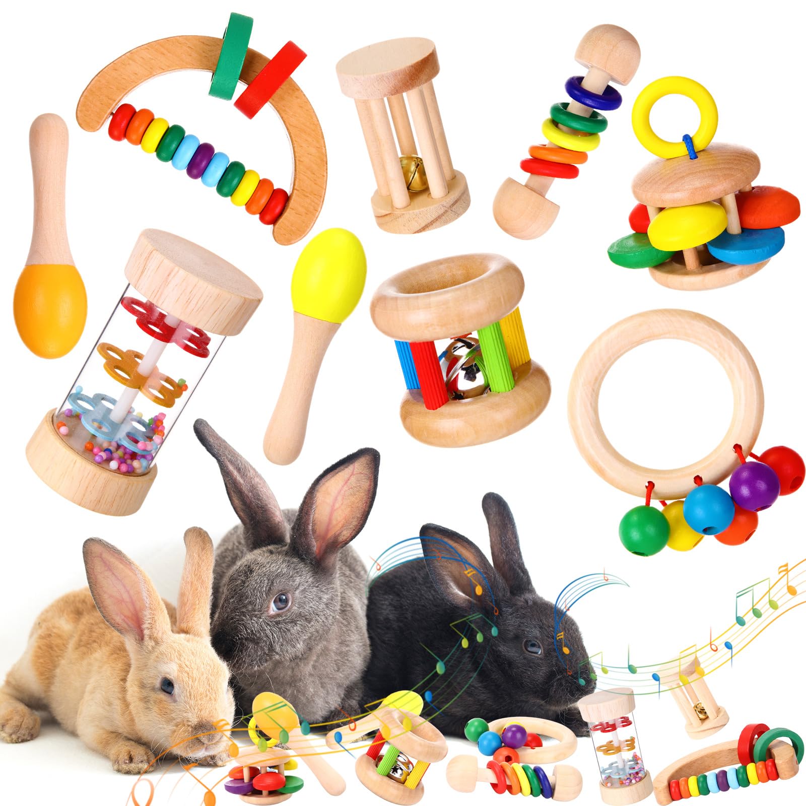 Halloscume 9 Pcs Wooden Rabbit Toys For Bunnies Boredom,Safe Bunny Toys For Indoor Bunnies, Multi Colored Guinea Pigs Toys For S