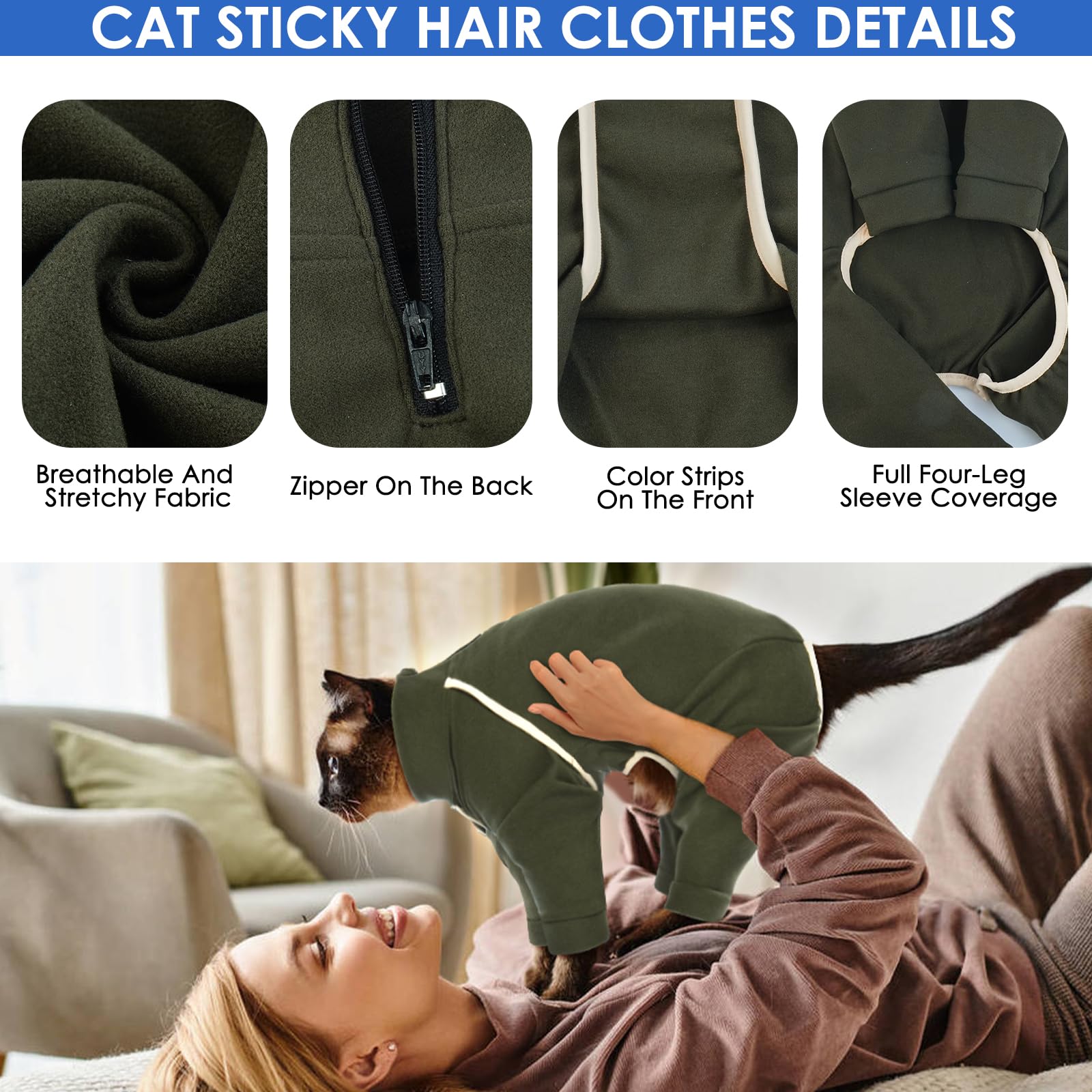 Cat Hair Sticky Onesie - Army Green, Xl - Cat Clothes: Male Pajamas, Anti-Licking Suit