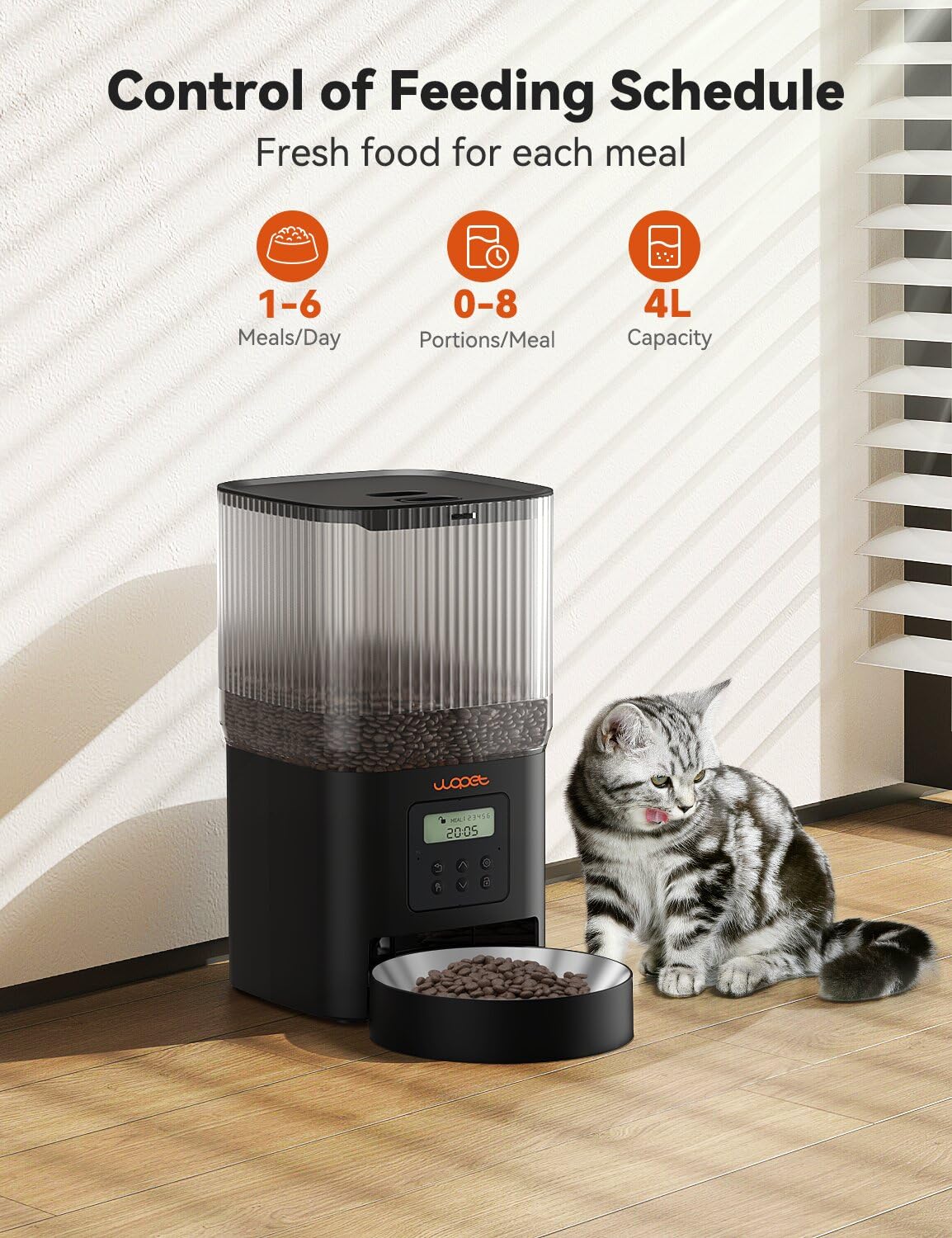 WOPET Automatic Cat Feeder, 4L Automatic Dog Feeder with 180-Day Battery Life, Programmable Cat Food Dispenser with Stainless St