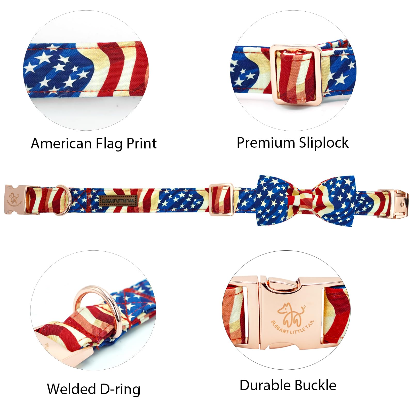 Elegant Little Tail Independence Dog Collar, Patriotic Pet Collar With Bow Tie American 4Th Of July Holiday Cotton Soft Boy Girl