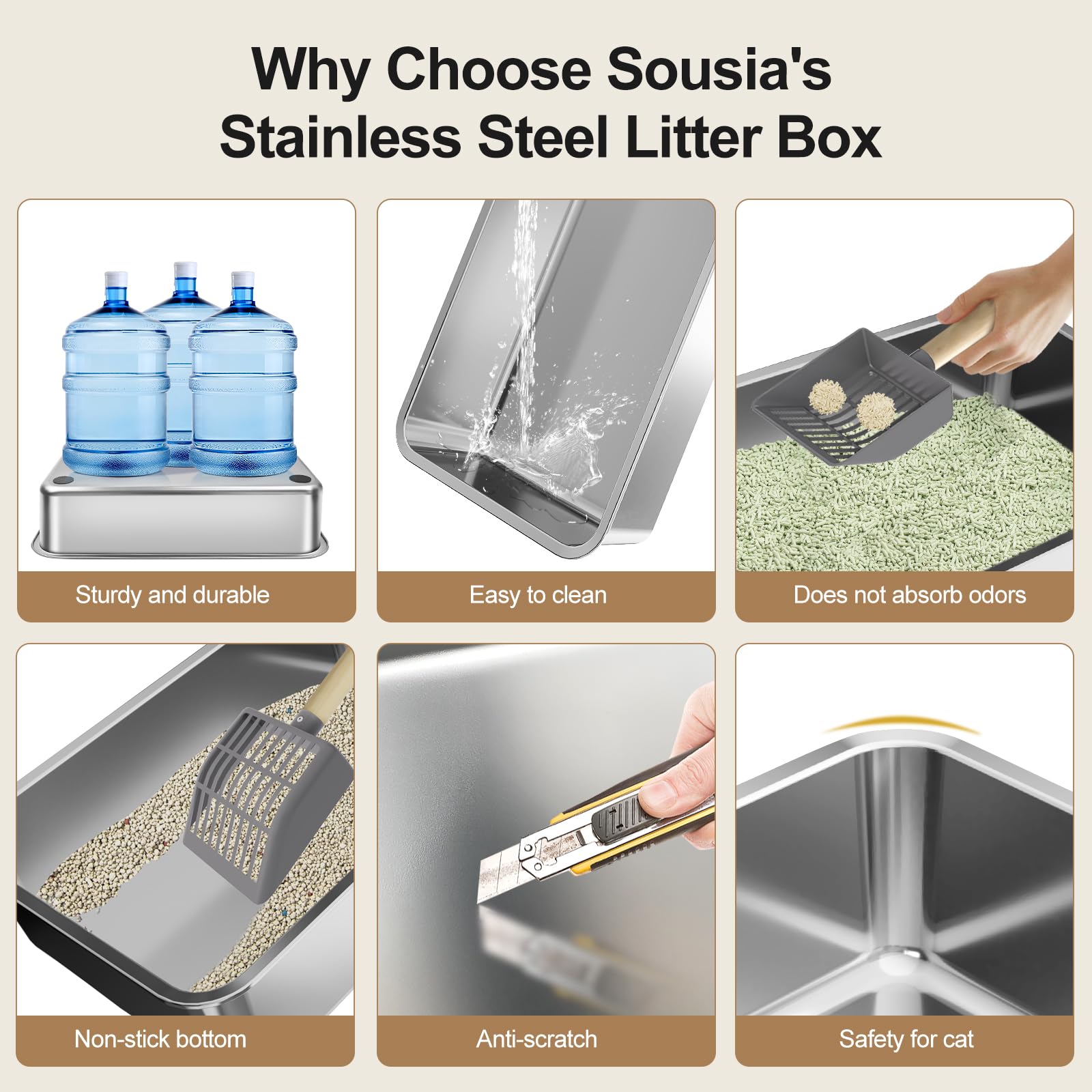 Sousia Stainless Steel Litter Box - Extra Large Steel Litter Box XL Non-Sticky Metal Litter Box Tray Anti-Leakage Easy Cleaning