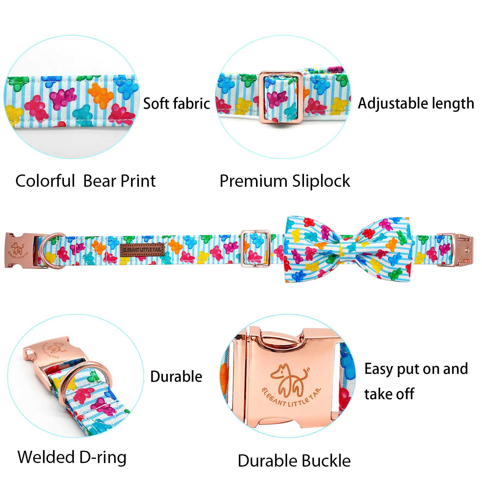 Elegant little tail Dog Collar, Summer Dog Collar with Bow tie, Blue Bear Print Dog Collars Pet Collar Boy Girl Cute Bowtie Coll