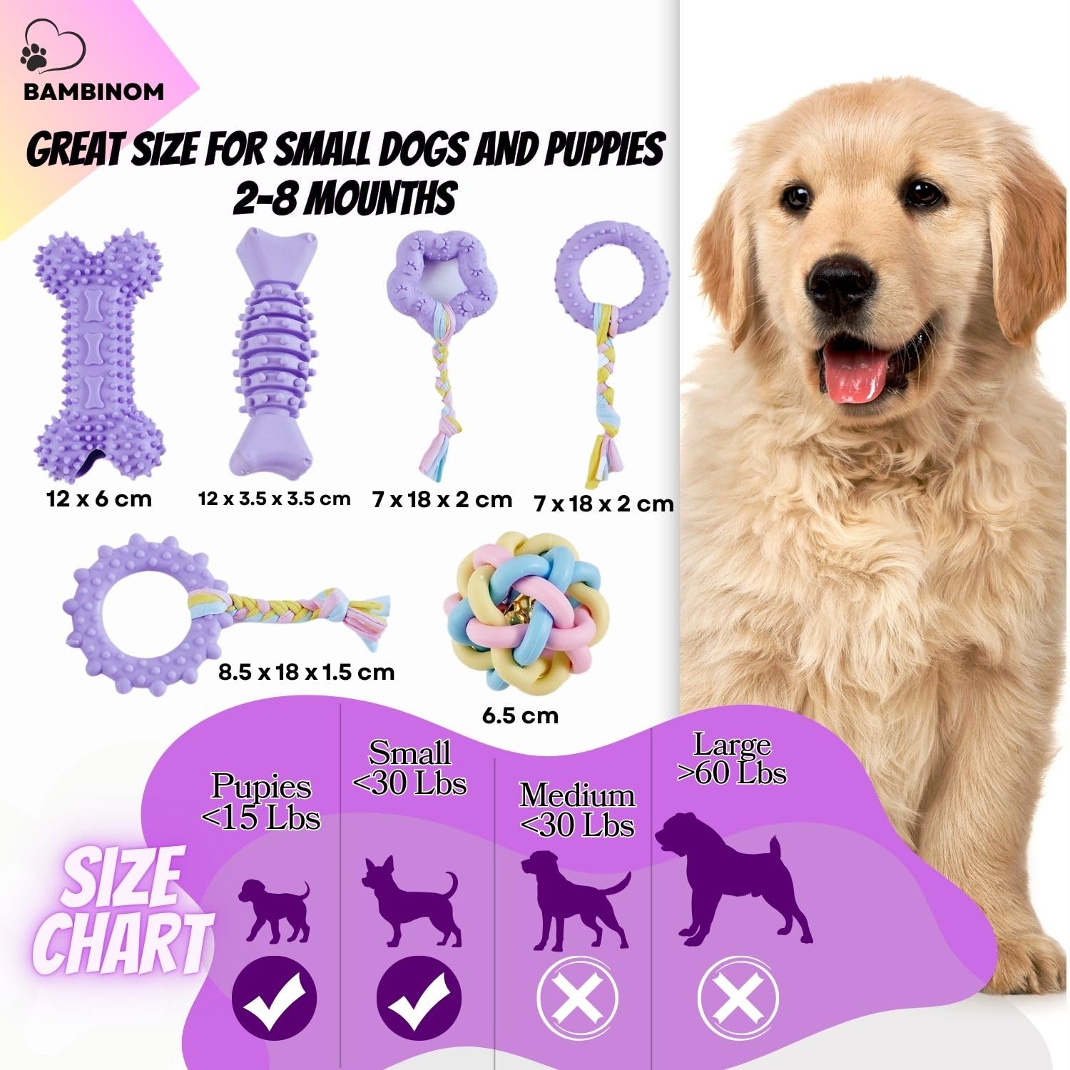 Bambinom Chew Toys, 6 Pcs Soft Rubber Teething Toys For Small Dogs, Eco-Friendly Interactive Dog Toys, Teeth Cleaning, Cute Purp