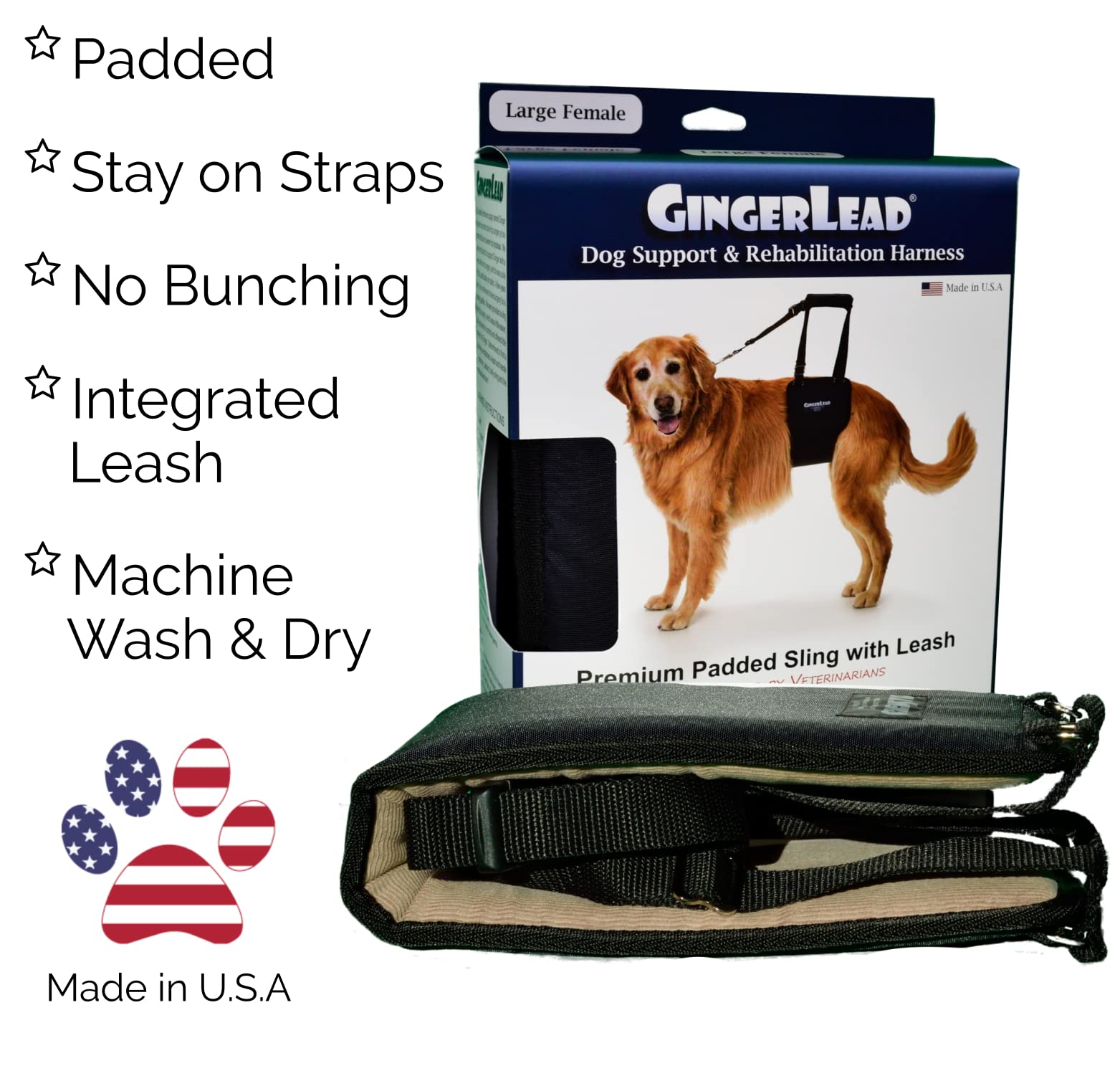 GINGERLEAD Dog Sling Support Harness, LG Female fits Big Dogs Over 65 lbs. Padded Rear Lift with Integrated Leash to Assist Seni