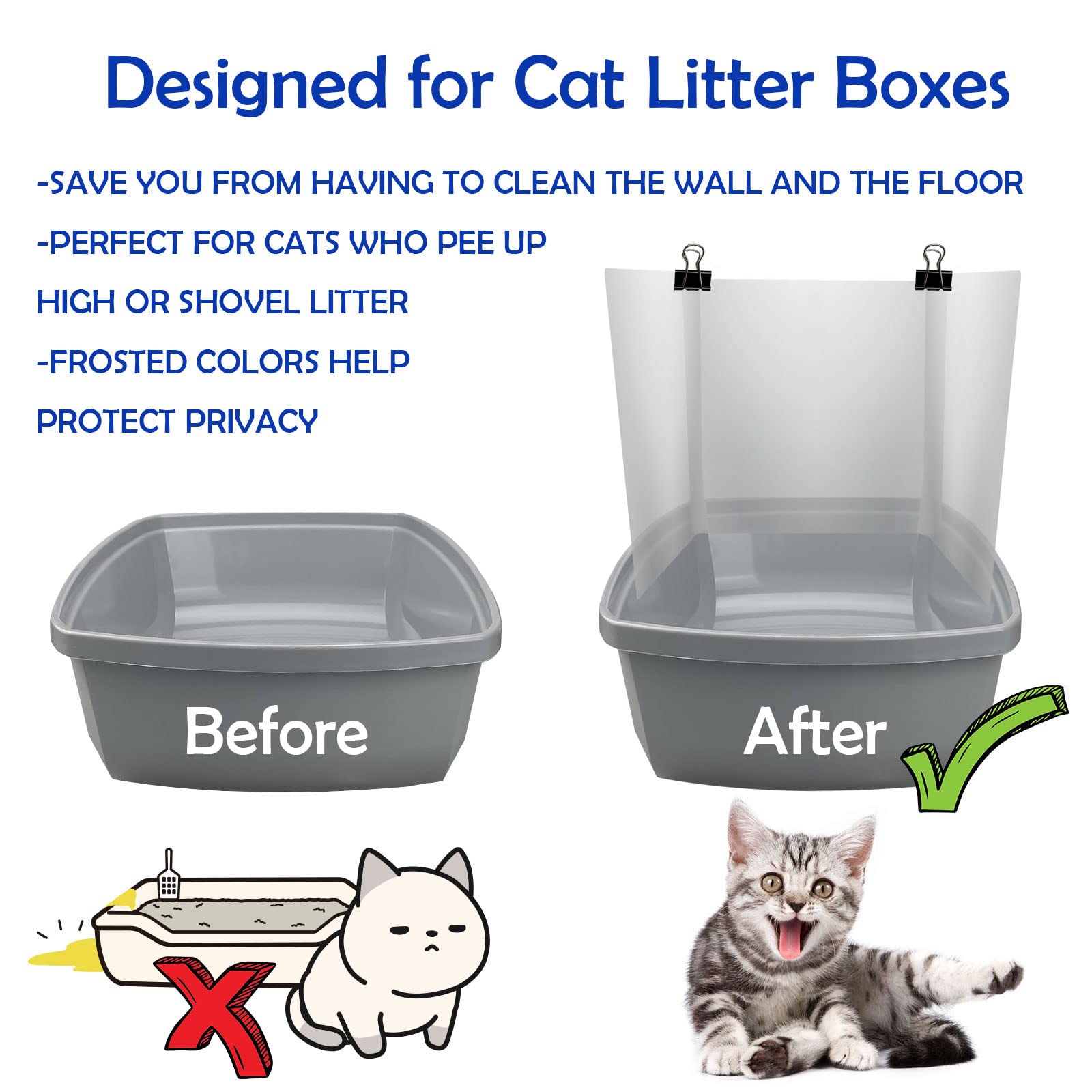 3 Pack Large Size Cat Litter Box Pee Shields, Easy Cleaning Frosted High Side Litter Box Splash Guard Cat Pee Shields for Open T