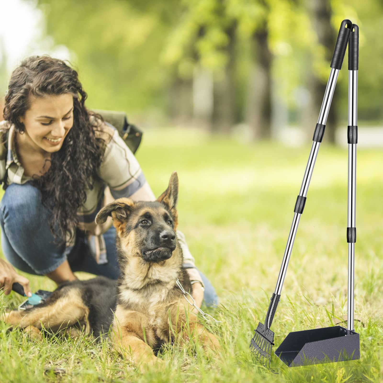 TNELTUEB Dog Pooper Scooper Set - 3 Pcs Adjustable 49.1 Long Metal Tray, Rake & Spade for Waste Removal - No Bending Cleanup, Black