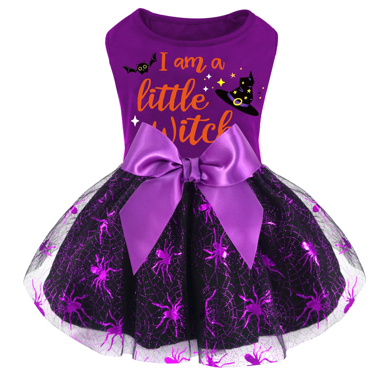 Xpudac Halloween Dog Dress Witch Tulle Dress Holiday Dog Clothes For Small Dogs Girl, Spider Pet Costume Cat Apparel, Purple-Xs