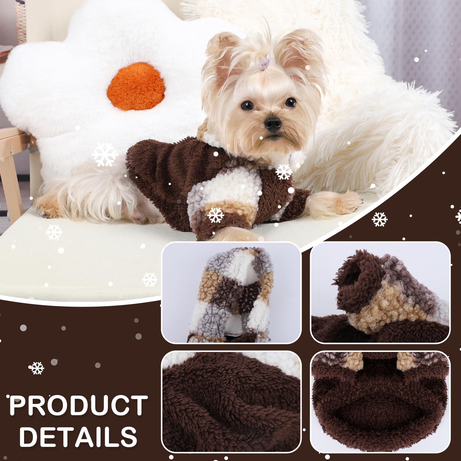 Fleece Dog Sweater Hoodie Warm Fuzzy Velvet Sweaters Winter Clothes For Small Dogs Girl Boy (Brown Plaid, Small)