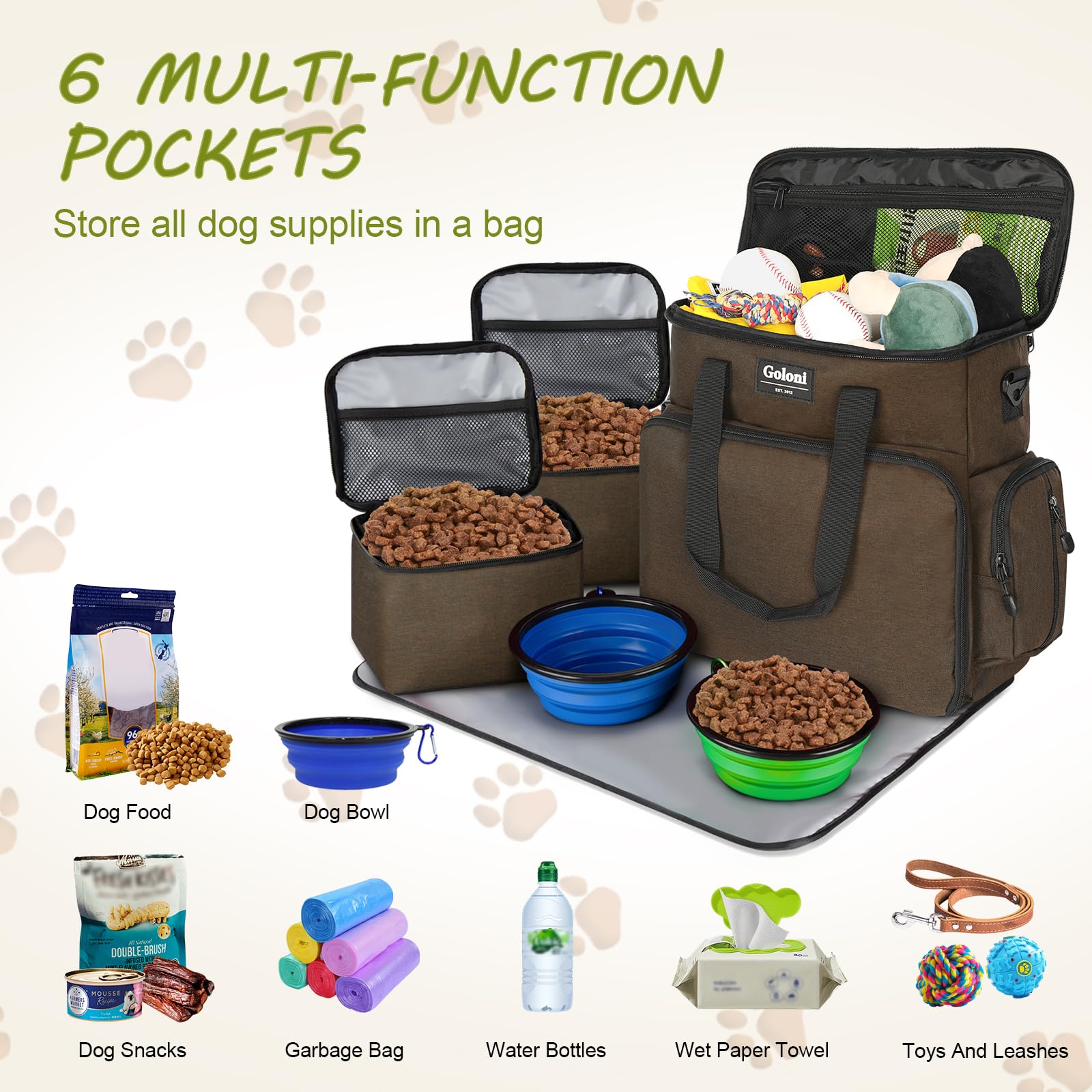 Dog Travel Bag Airline Approved-Pet Travel Tote with Collapsible Bowls,Food Containers & Feeding Mat-Multi-Pocket Organizer for