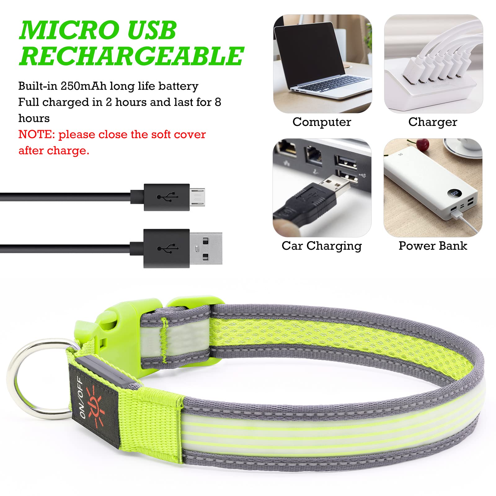 Yfbrite Full Adjustbale Led Dog Collar, Full Illuminated Light Up Dog Collars, Reflective Dog Collar Light Glowing In The Dark For All Dogs Safety (Medium, Green-2)