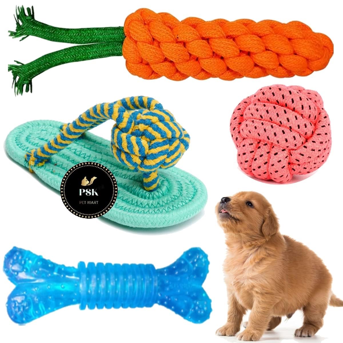 Psk Pet Mart Dog Durable Cotton Chew Rope Slipper Dog Toys For Teething Playing Fun Toy + Gums Massage + Chew Rope Toy + Rubber 