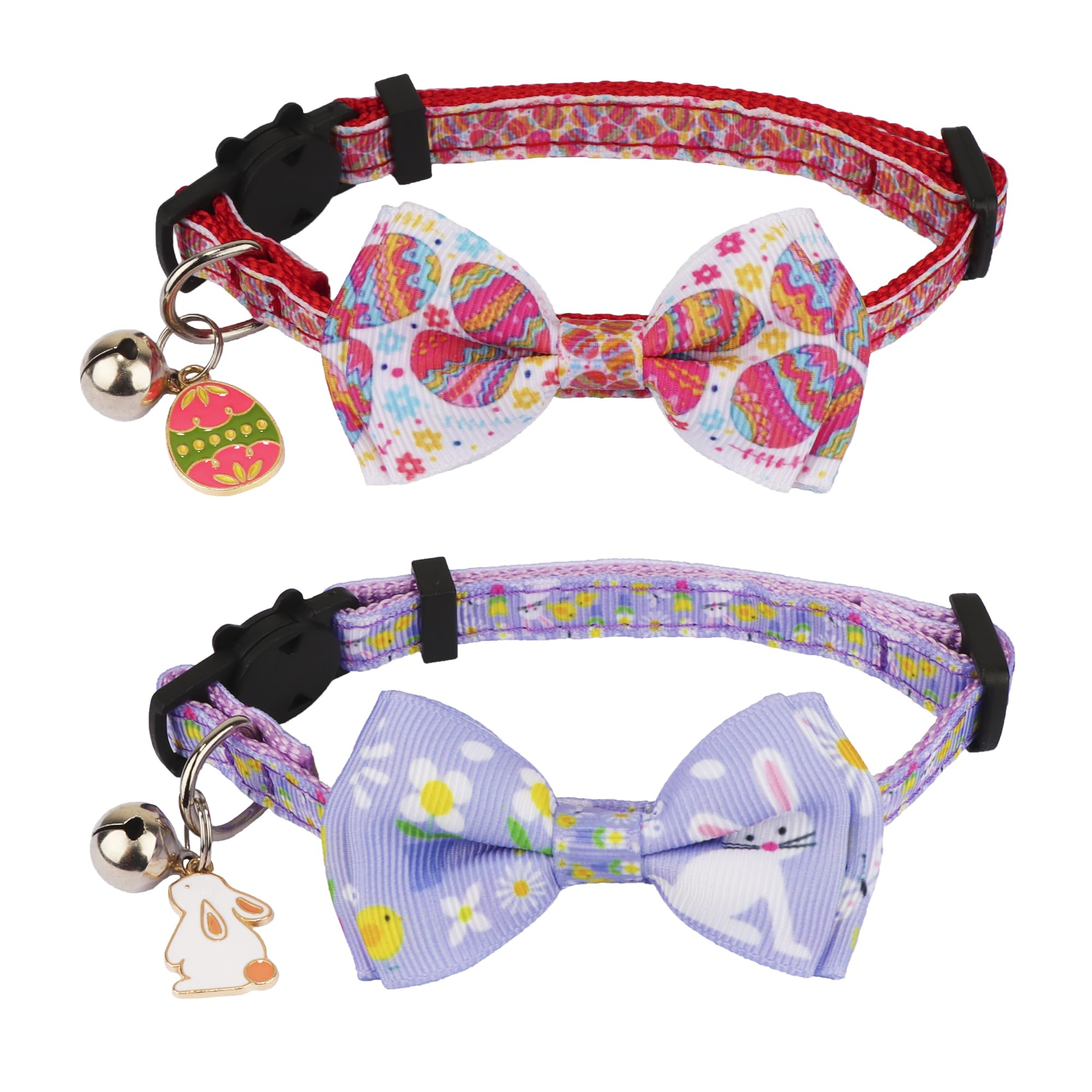 Adoggygo Easter Cat Collars With Bow Bell, Breakaway Kitten Bowtie Collar Red Purple Eggs Rabbit Easter Collars For Girl Boy Cat
