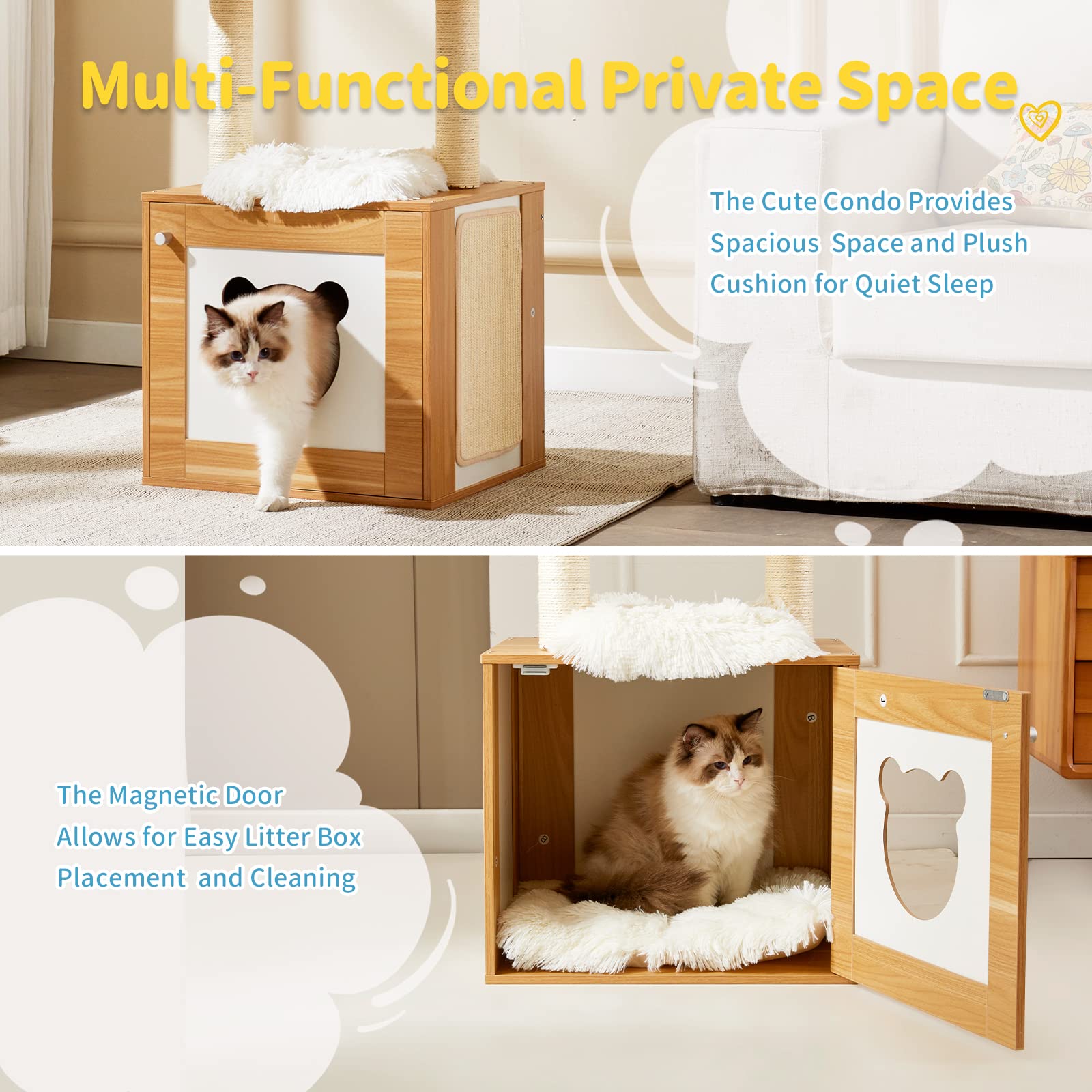 Made4Pets Cat Tree with Litter Box Enclosure, 2-in-1 Modern Cat Tower for Indoor Cats, 48.6  Wood Kitten Condo with Scratching P