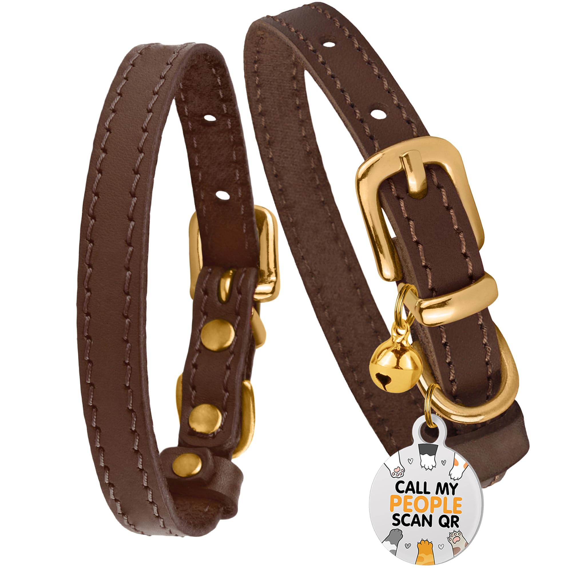 Bronzedog Leather Cat Collar With Bell Non Breakaway Kitten Qr Tag For Girl Boy (9' - 11' Cats/Mini Dogs, Dark Brown & Gold)