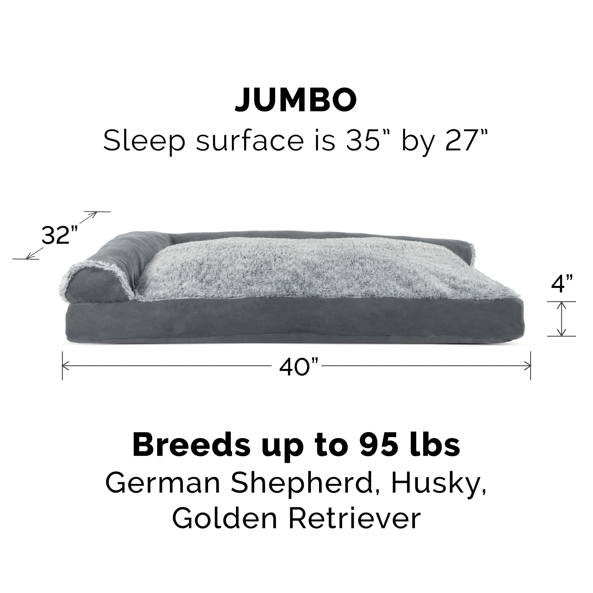 Furhaven Pillow Dog Bed for Large Dogs w/ Removable Bolsters & Washable Cover - Two-Tone Plush Faux Fur & Suede L Shaped Chaise