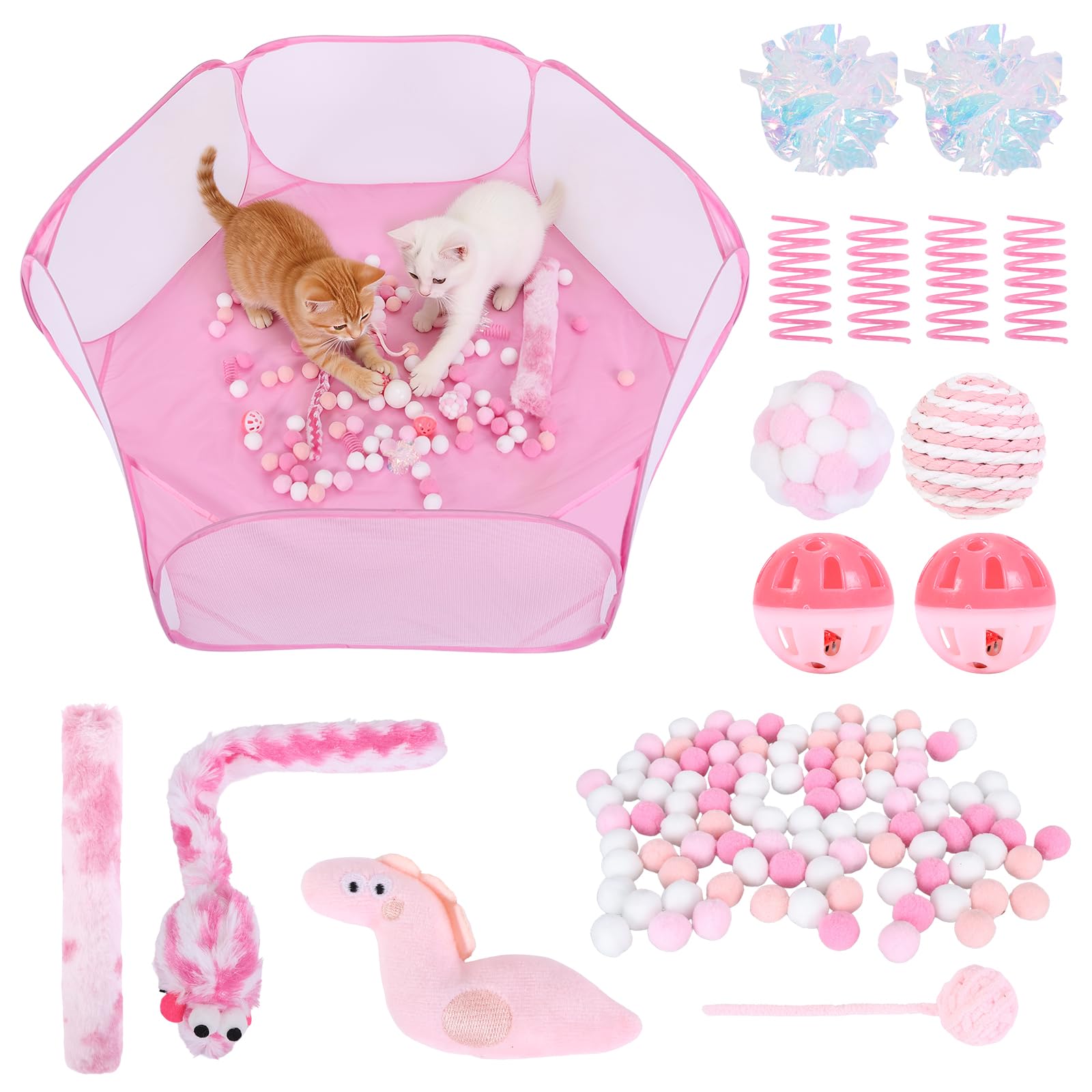 Foxtell Pink Cat Ball Pit Include 115 PCS Interactive Cat Toys for Indoor Bored Self Play Enrichment Toy for Indoor Cats Interac