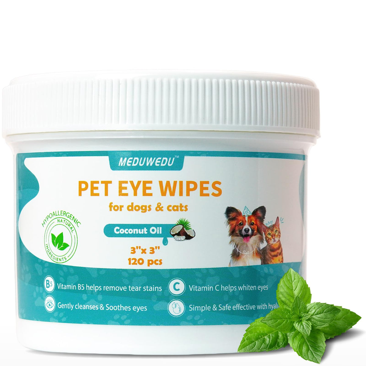 Meduwedu Eyes Wipes For Dogs & Cats 120 Counts, Grooming Kit Care For Dogs And Cats, Gently Remove Tear Stain, Eye Debris, Discharge, Mucus Secretions, Mint Scent