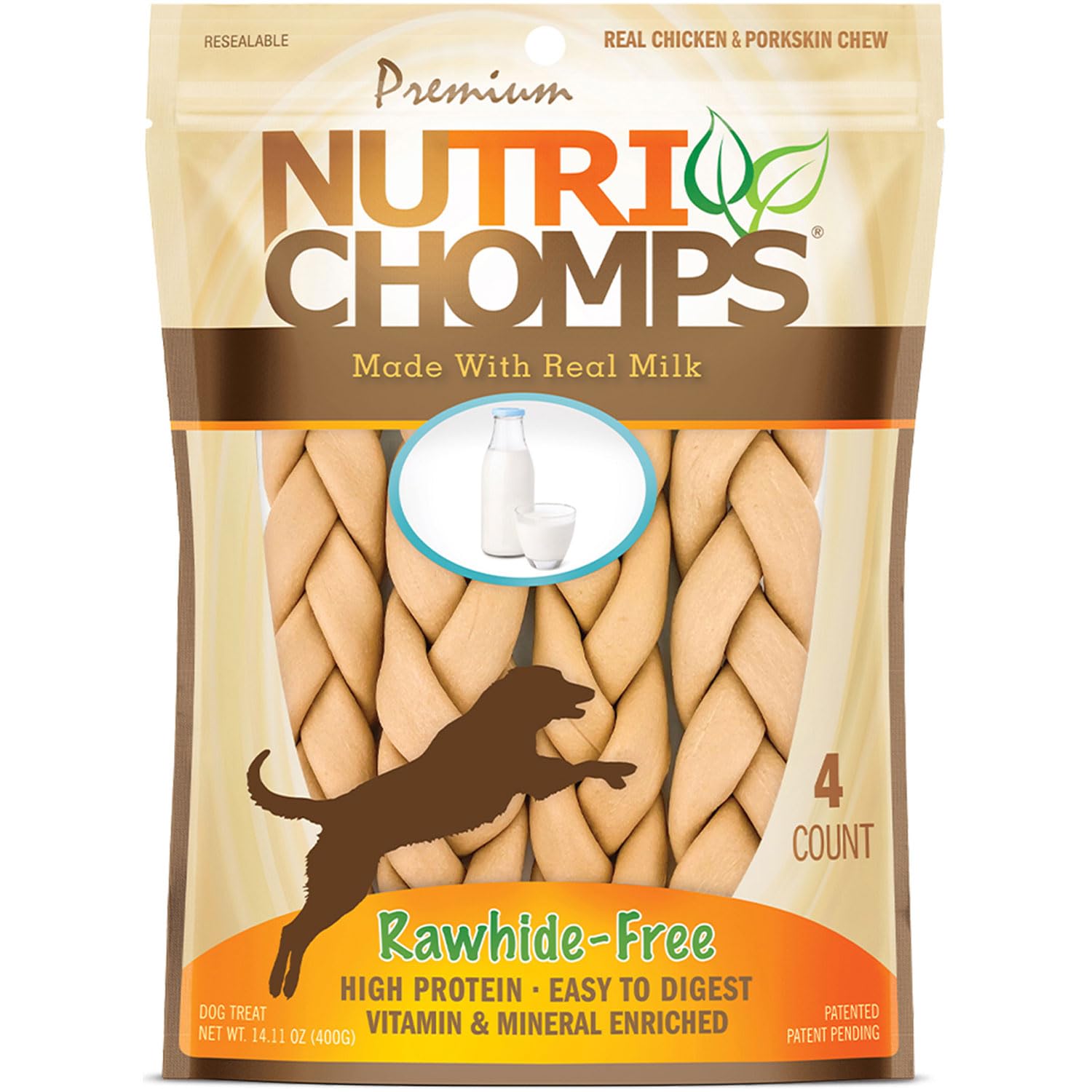 NutriChomps 9-inch Braid, Rawhide-Free Dog Treats, Easy to Digest, Healthy, 4 Count Milk